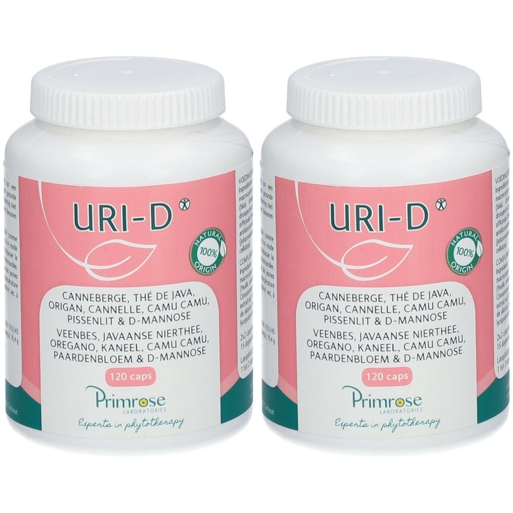 Deux flacons blancs avec étiquettes roses. Inscription URI-D, 120 capsules. Ingrédients et logo Primrose.