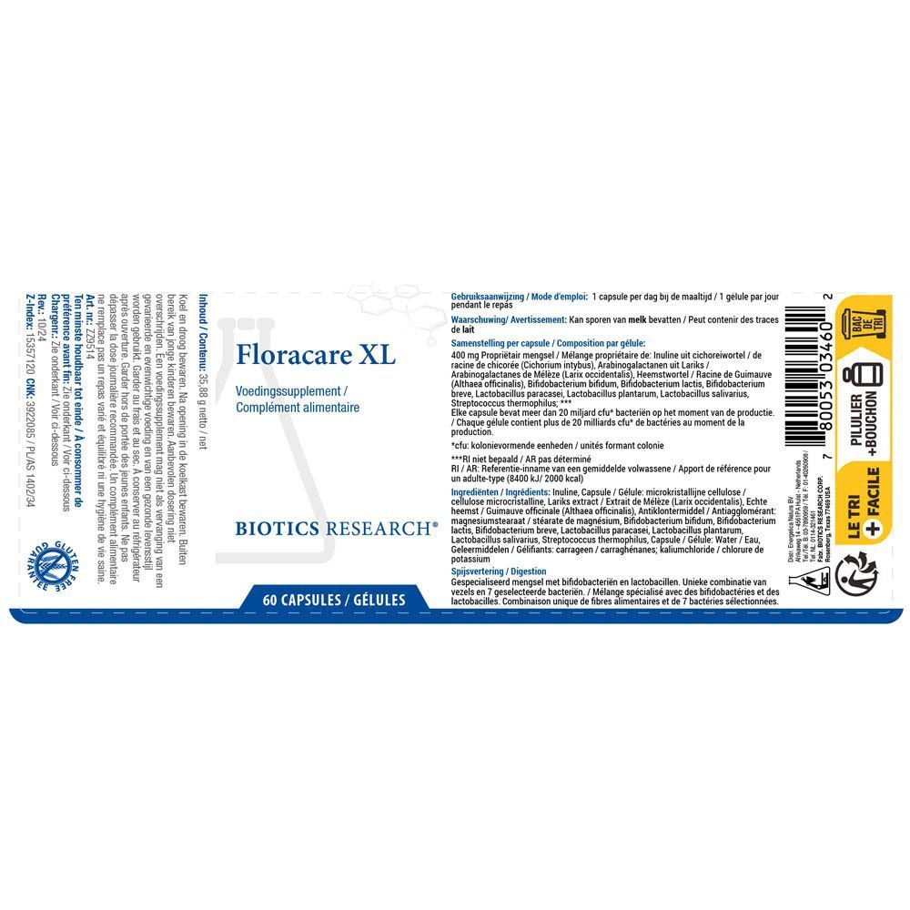 Arrière d'une boîte de Biotics Research Floracare XL avec informations nutritionnelles.