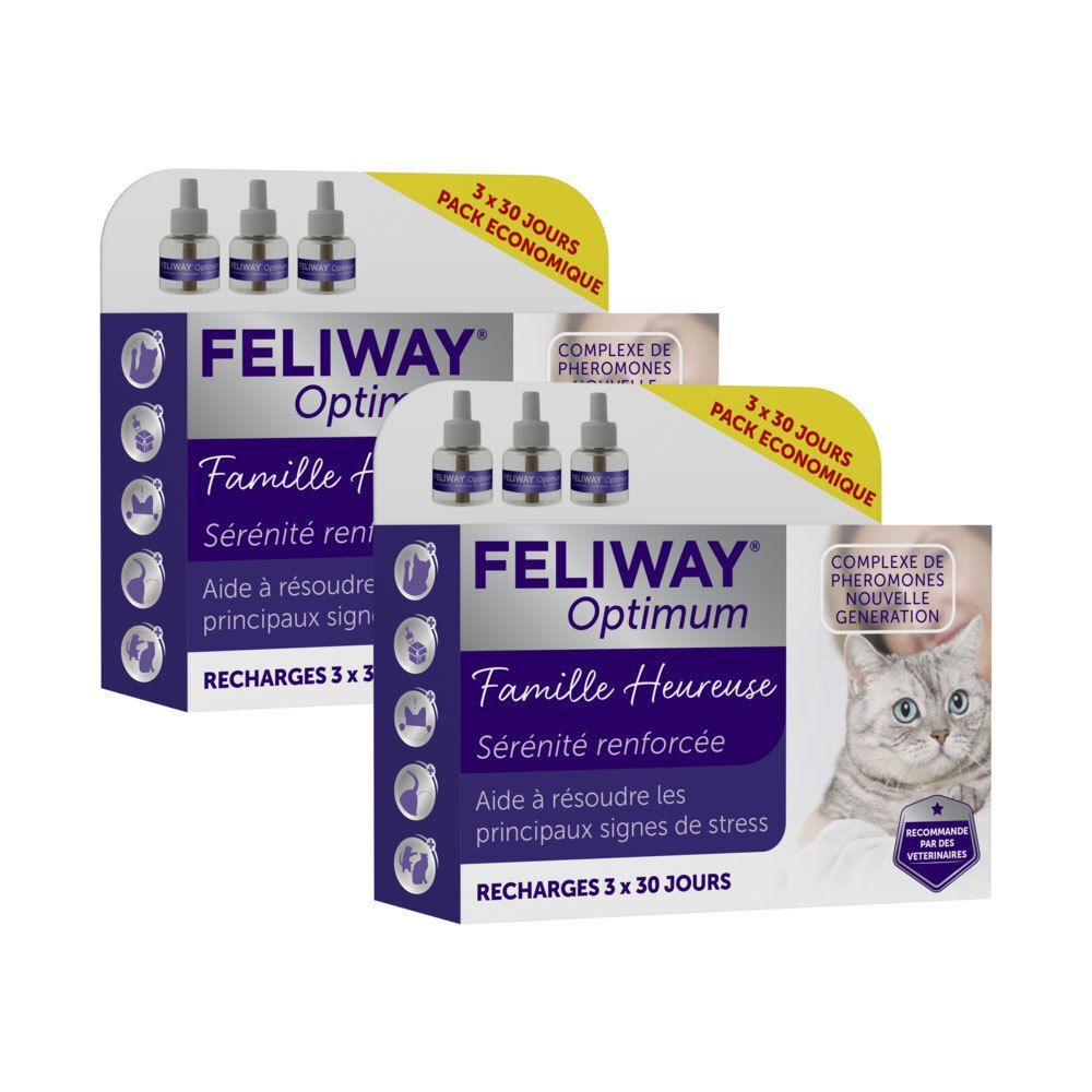 Deux boîtes Feliway Optimum Happy Family. Chaque boîte contient trois flacons et présente une image de chat.