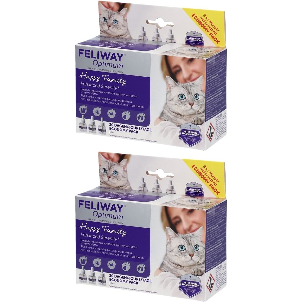 Deux boîtes Feliway Optimum Happy Family. Chaque boîte contient trois flacons et présente une image de chat.