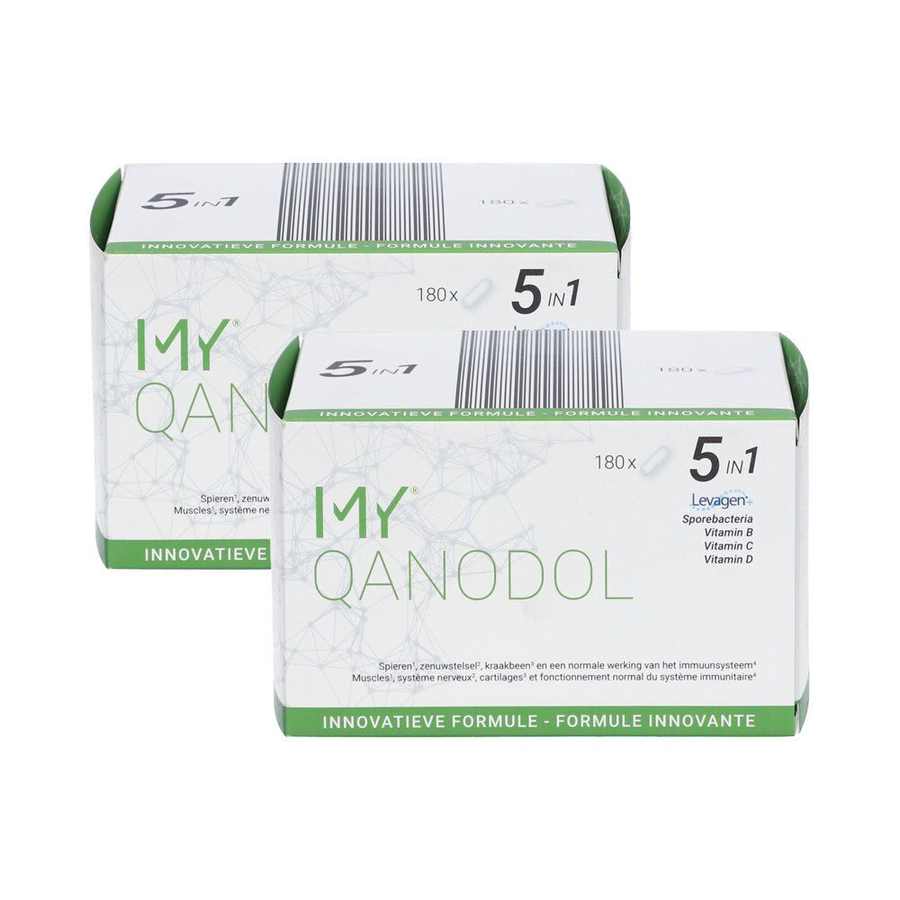 Deux boîtes blanches avec logo "MY QANODOL". "5 en 1" et ingrédients. Accents verts.