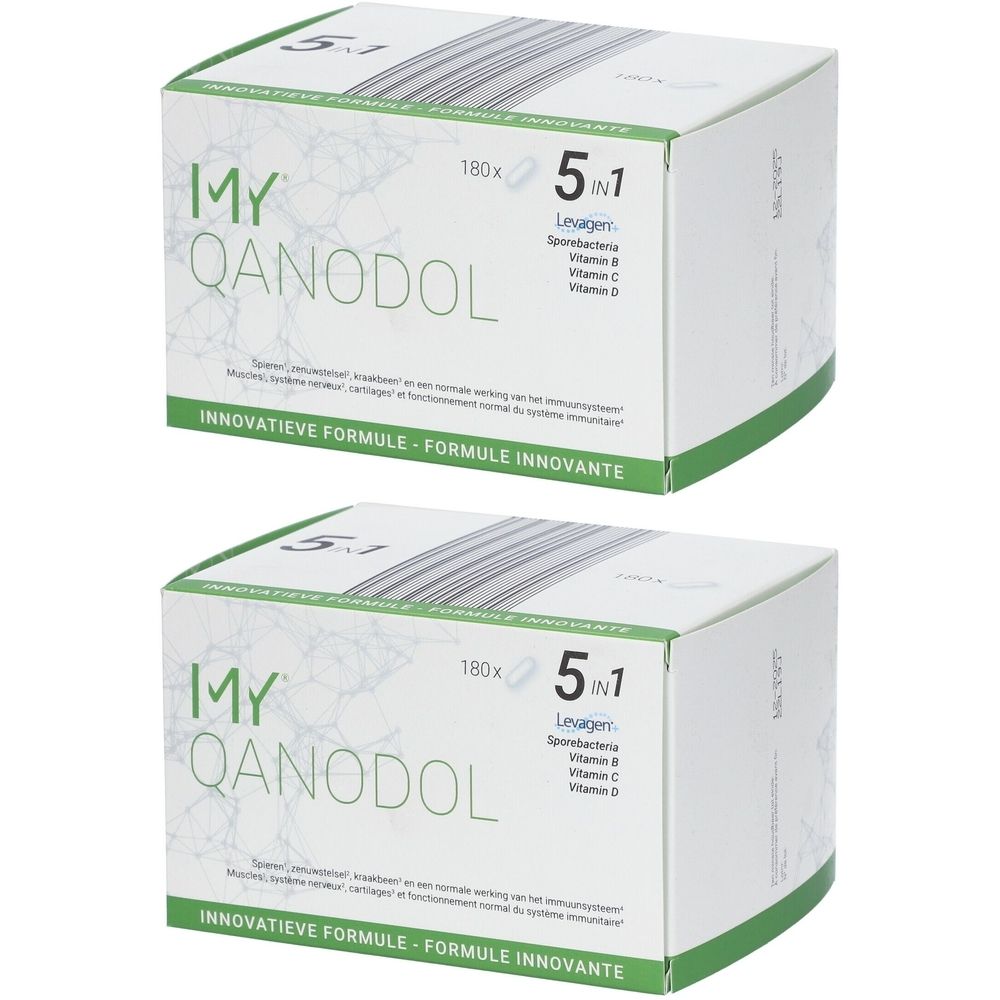 Deux boîtes blanches "MY QANODOL". Inscription "5 en 1" et ingrédients. Accents verts.