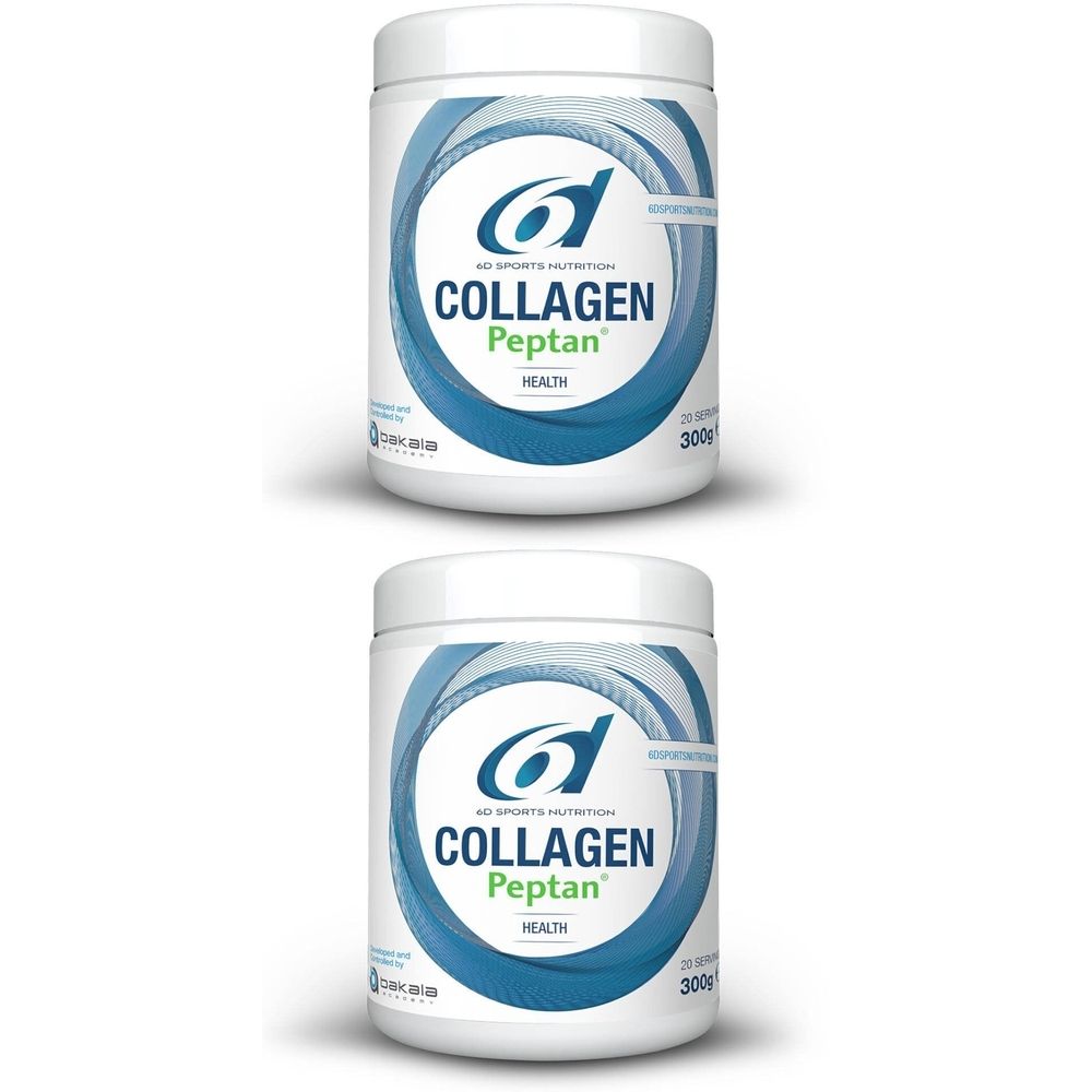 Deux pots blancs avec étiquette bleue. Inscription: Collagen Peptan Health. 6D Sports Nutrition.