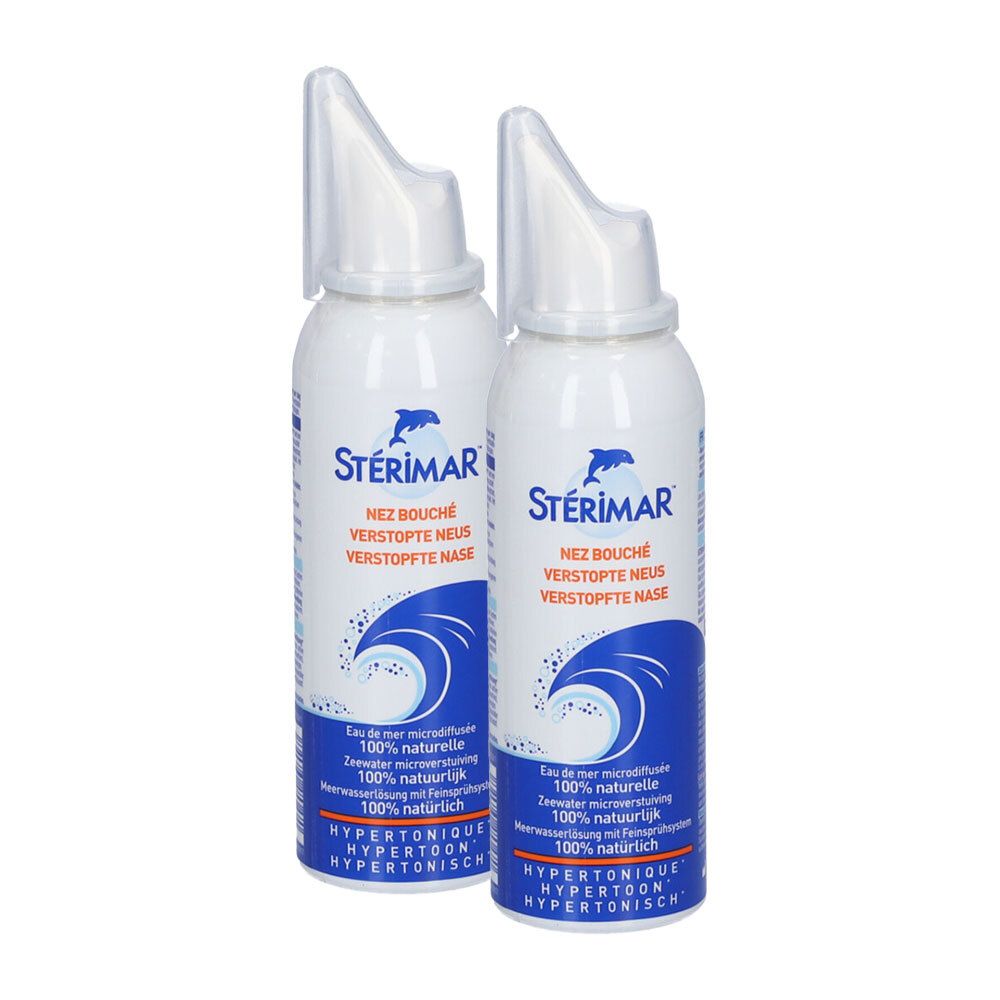 Deux flacons spray avec nom du produit et vague bleue. Texte multilingue, dont français.