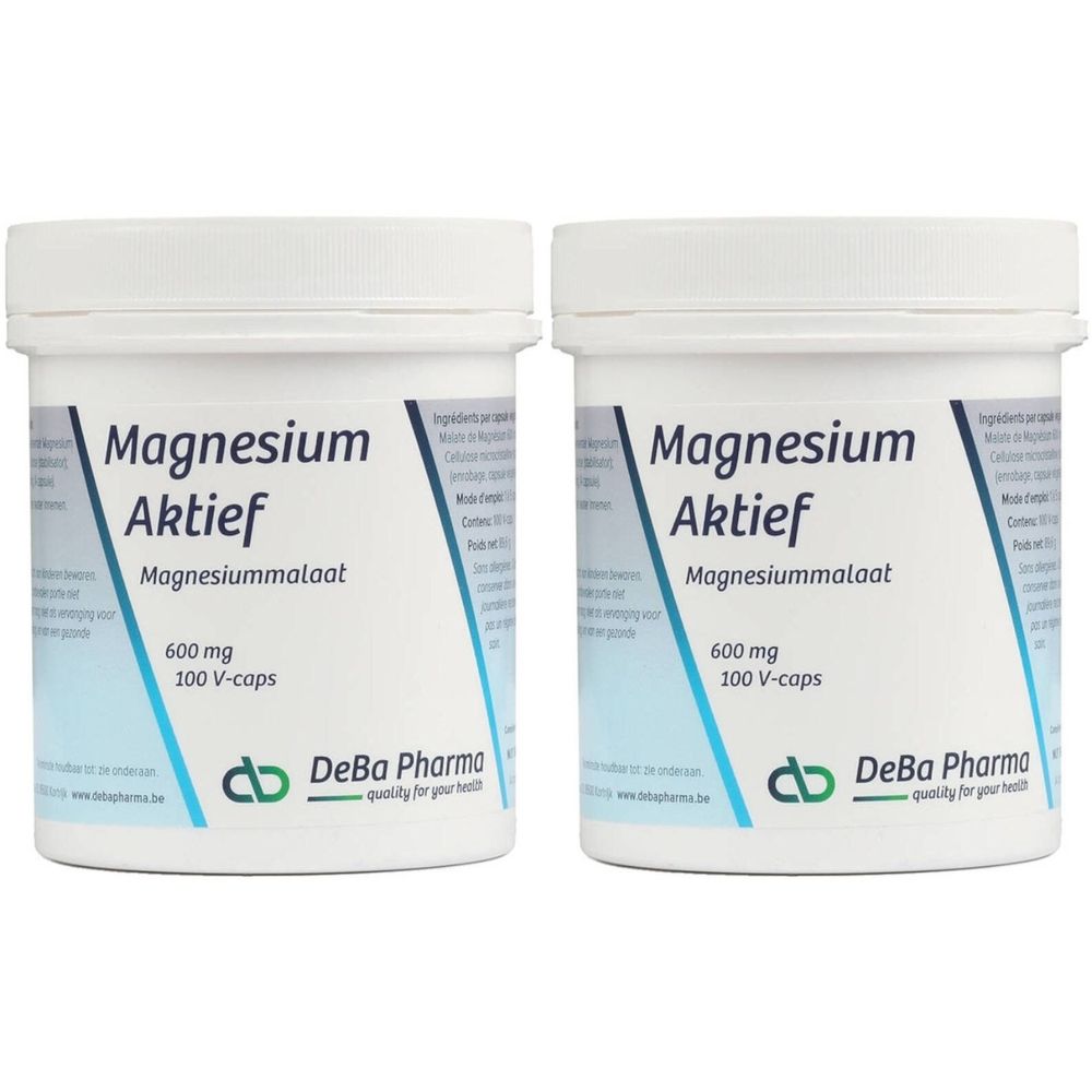 Deux pots blancs avec couvercles. Inscription: Magnesium Actif, Magnesiummalaat, 600 mg, 100 V-caps. Logo DeBa Pharma.