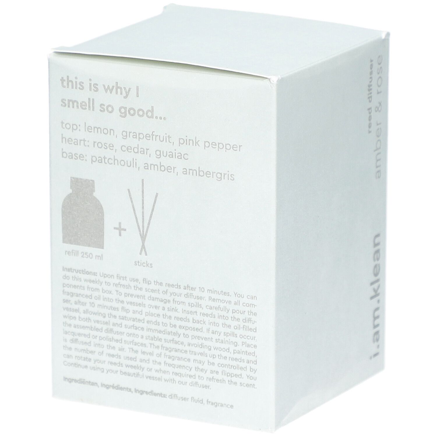 Boîte en carton blanche. Texte : 'this is why I smell so good...'. Ingrédients. Illustration : flacon et bâtonnets. Texte : 250 ml, sticks.
