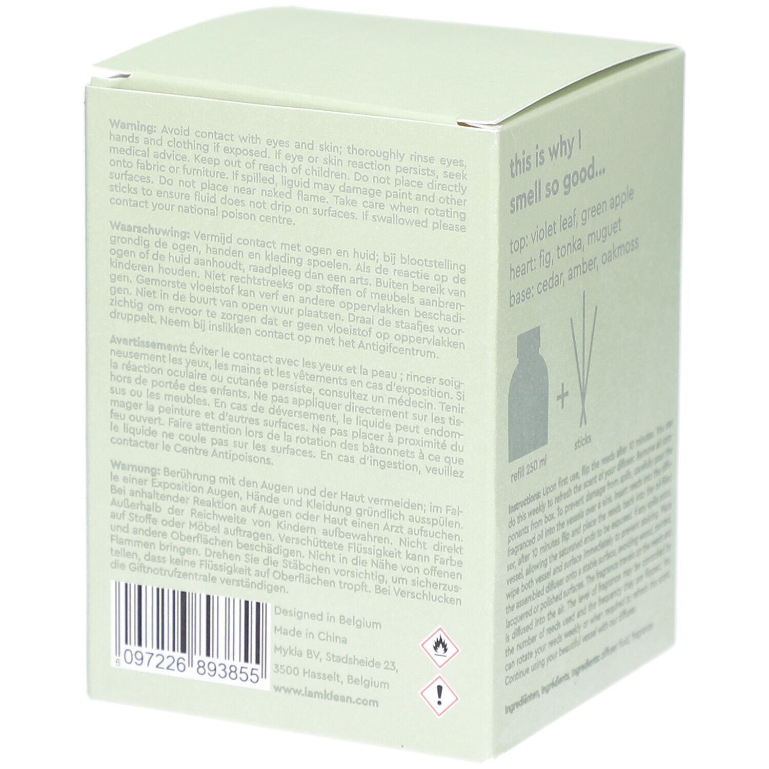 Boîte vert clair. Inscription: i.am.klean, reed diffuser fig & cedar. Texte: avertissements, code-barres, adresse du fabricant.