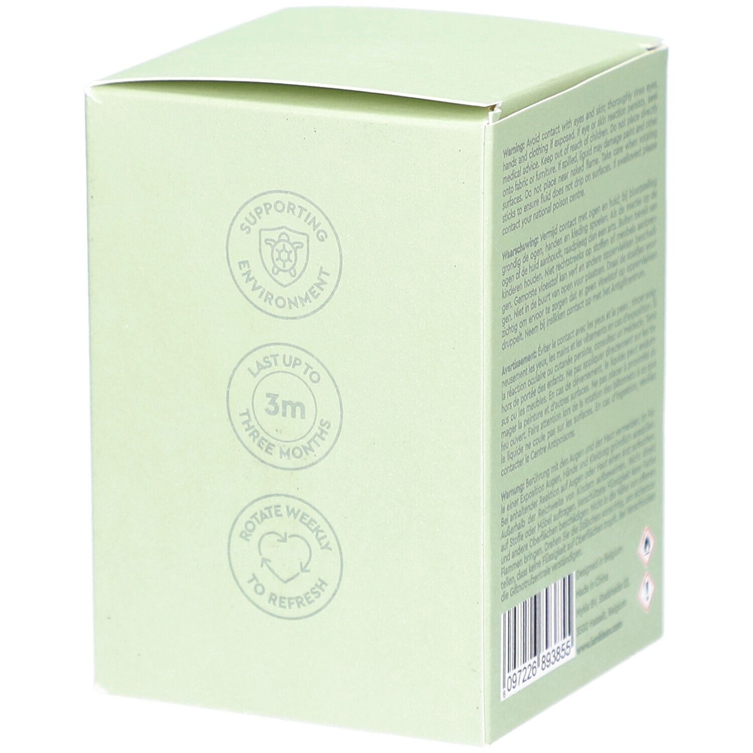 Boîte vert clair. Logos: environnement, 3 mois, rotation hebdomadaire. Texte: avertissements, code-barres, adresse fabricant.