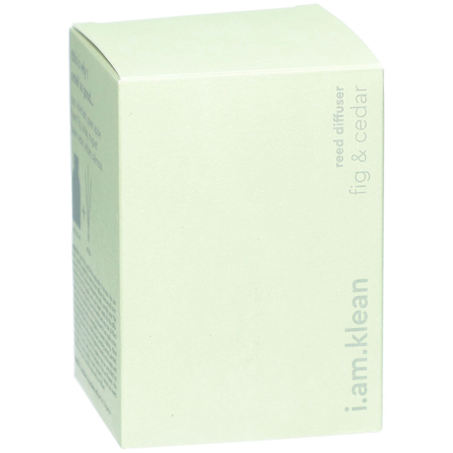 Boîte vert clair. Inscription: i.am.klean, reed diffuser fig & cedar. Forme carrée.