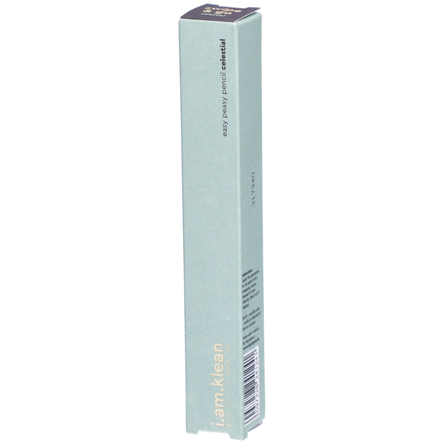 Boîte i.am.klean Eye Pencil Easy Peasy Celestial. Emballage vert clair avec nom du produit et logo.