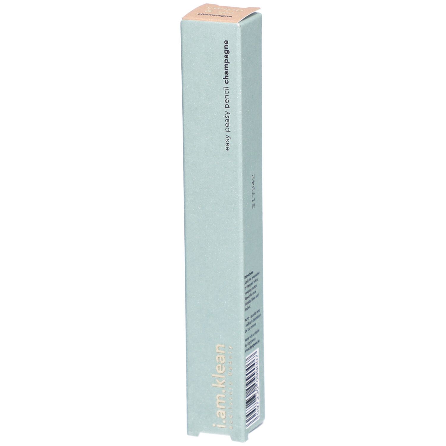 Crayon pour les yeux i.am.klean Easy Peasy Champagner. Emballage vert clair. Nom du produit et marque visibles. Forme carrée.