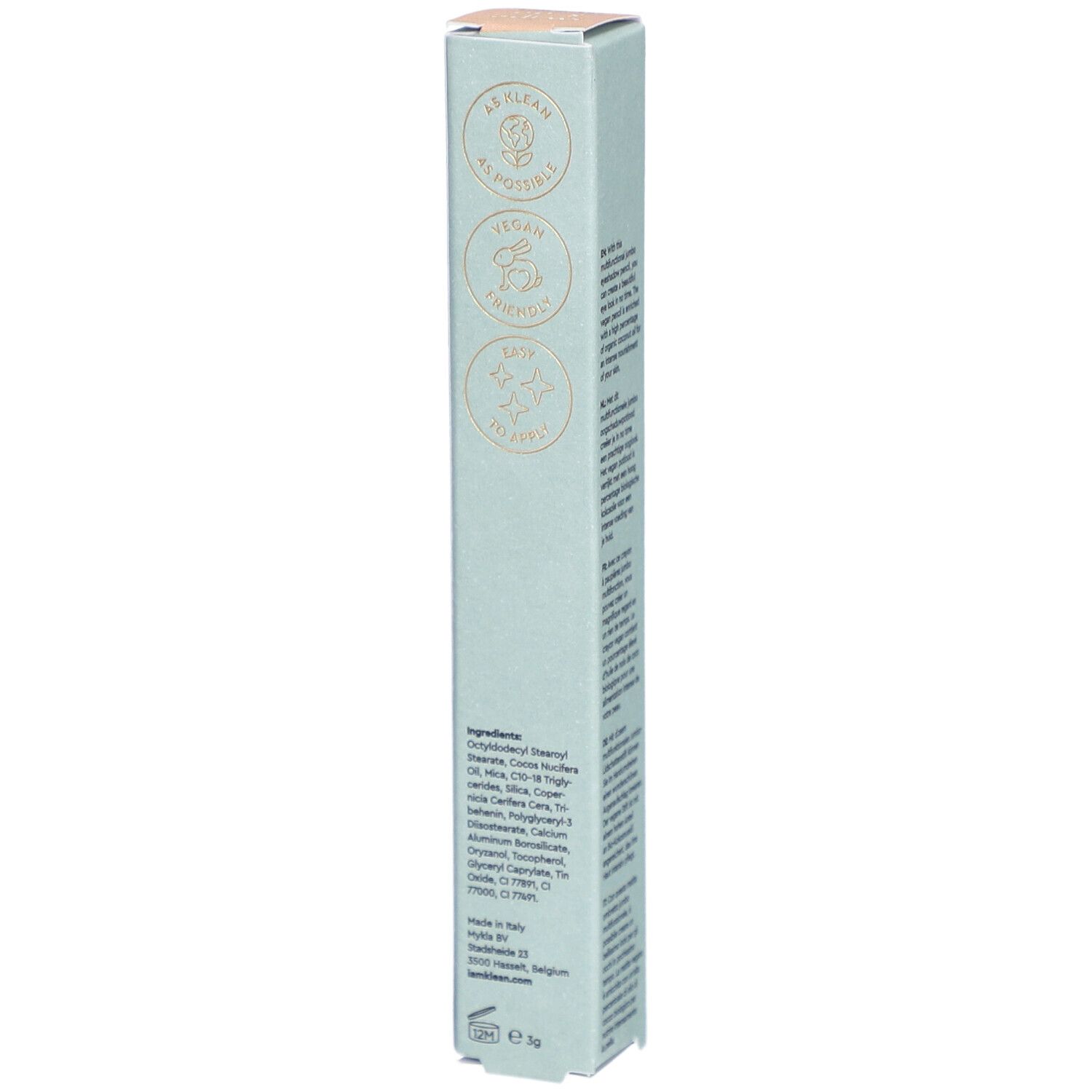 Crayon pour les yeux i.am.klean Easy Peasy Champagner. Emballage vert clair. Ingrédients et certifications. Forme carrée.