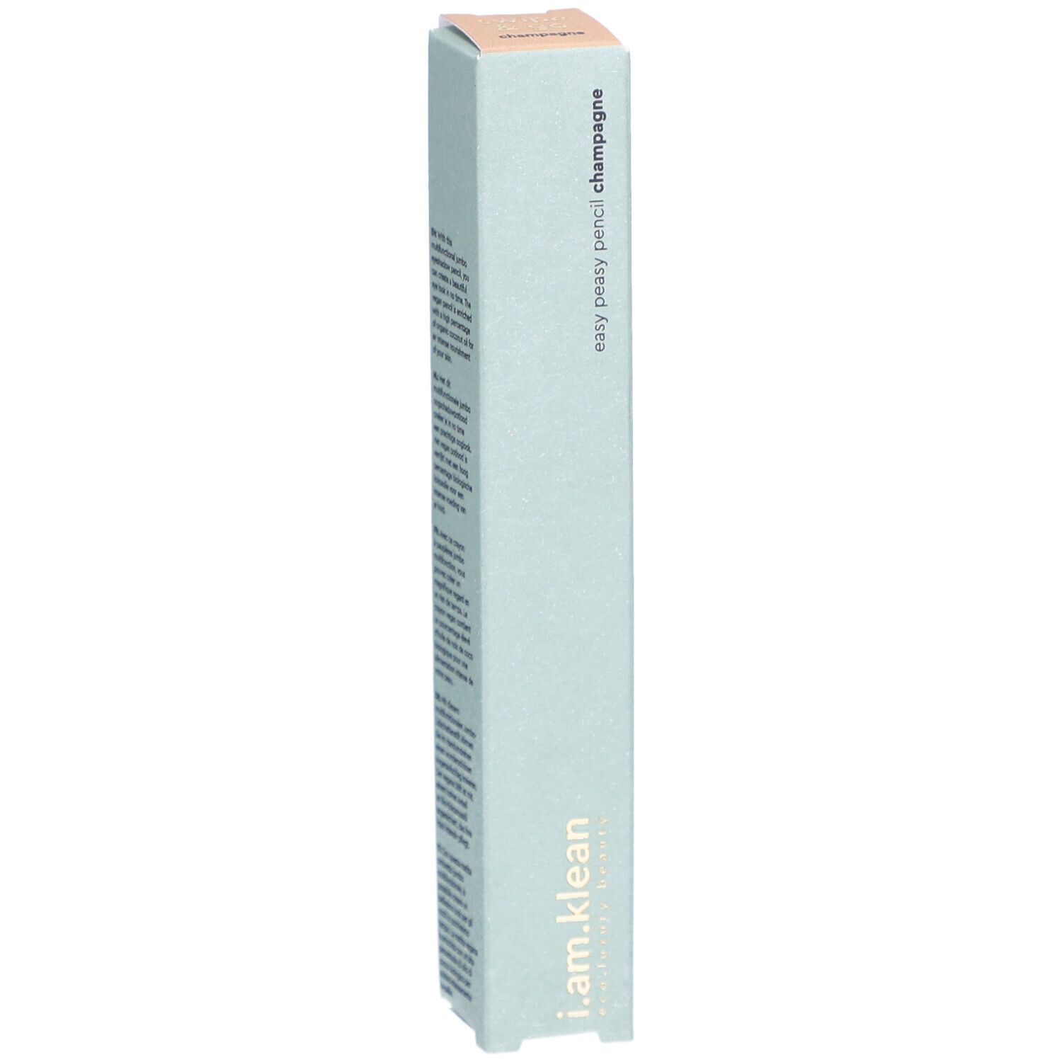 Crayon pour les yeux i.am.klean Easy Peasy Champagner. Emballage vert clair. Nom du produit et marque visibles. Forme carrée.