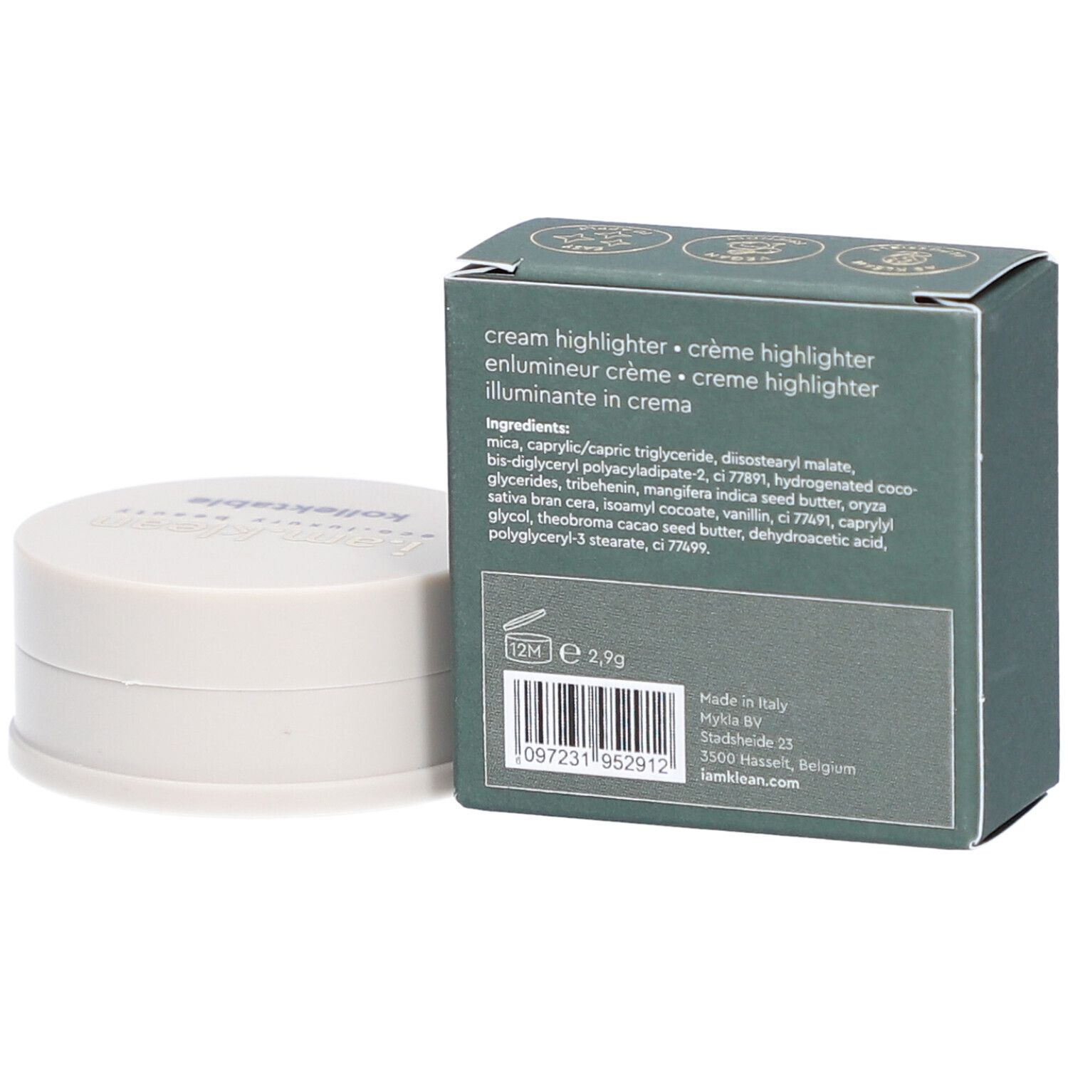 Boîte verte et contenant crème. La boîte porte i.am.klean, kollektable cream highlighter. Le contenant a un couvercle avec texte.