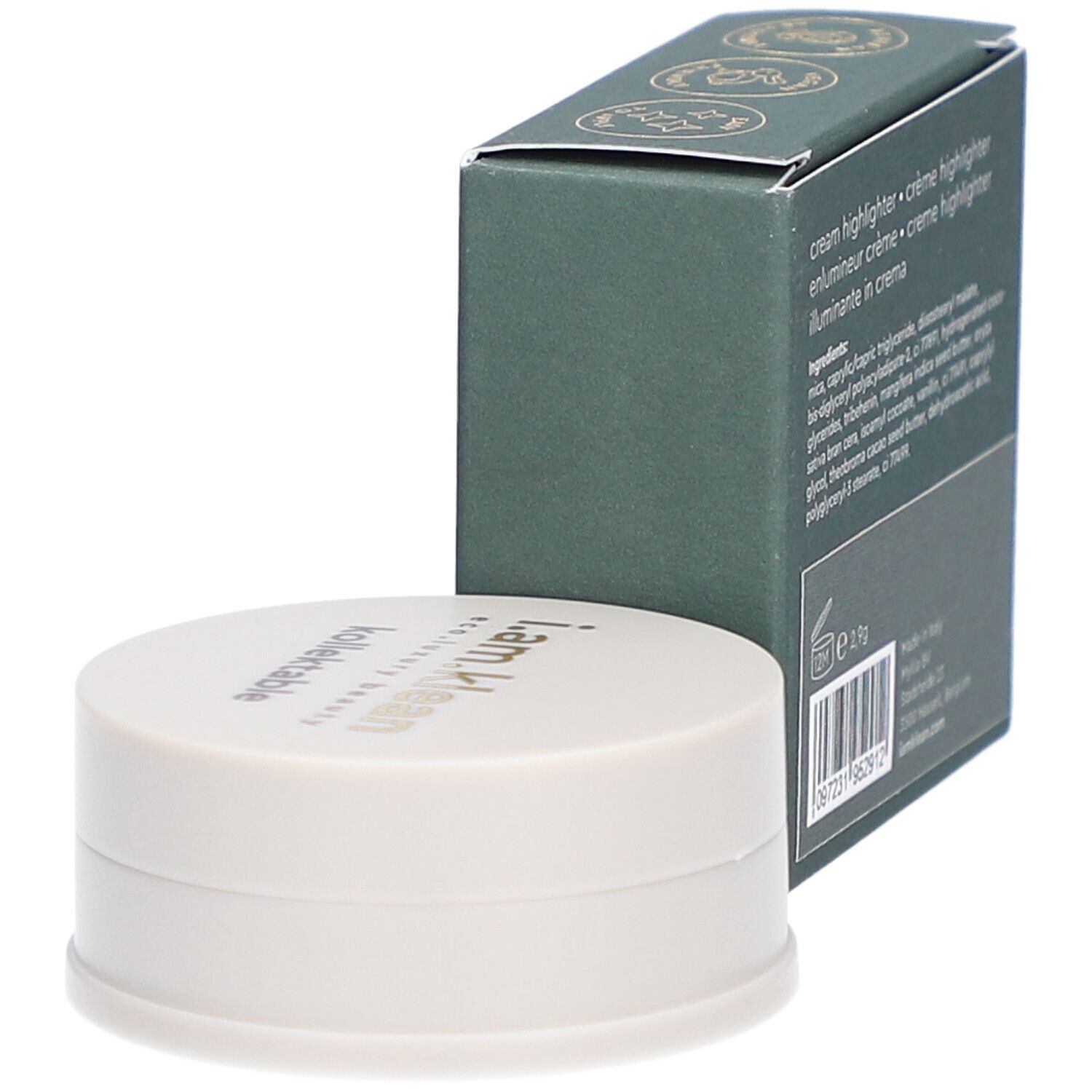 Boîte verte et contenant crème. La boîte porte i.am.klean, kollektable cream highlighter. Le contenant a un couvercle avec texte.