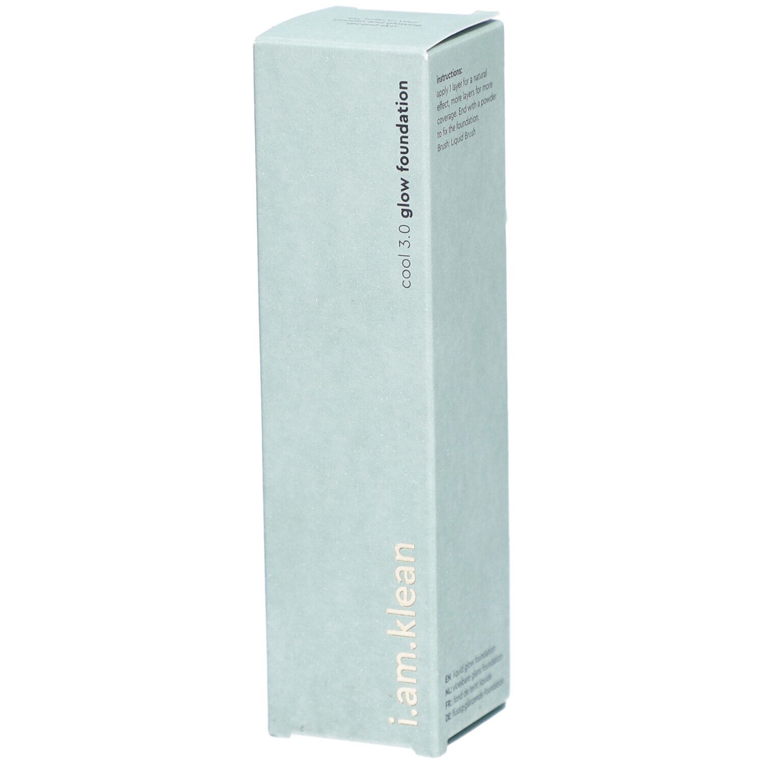 i.am.klean Liquid Glow Foundation Cool 3.0. Emballage vert clair. Nom du produit et marque visibles.