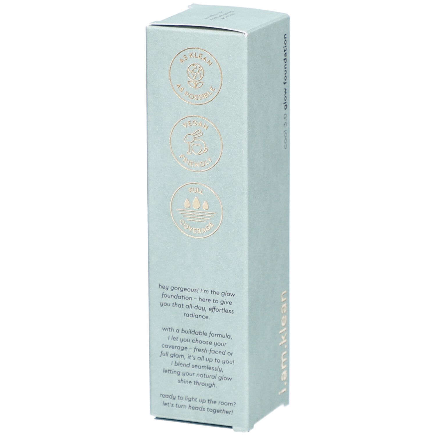 i.am.klean Liquid Glow Foundation Cool 3.0. Emballage vert clair avec texte et logos. Marque visible.