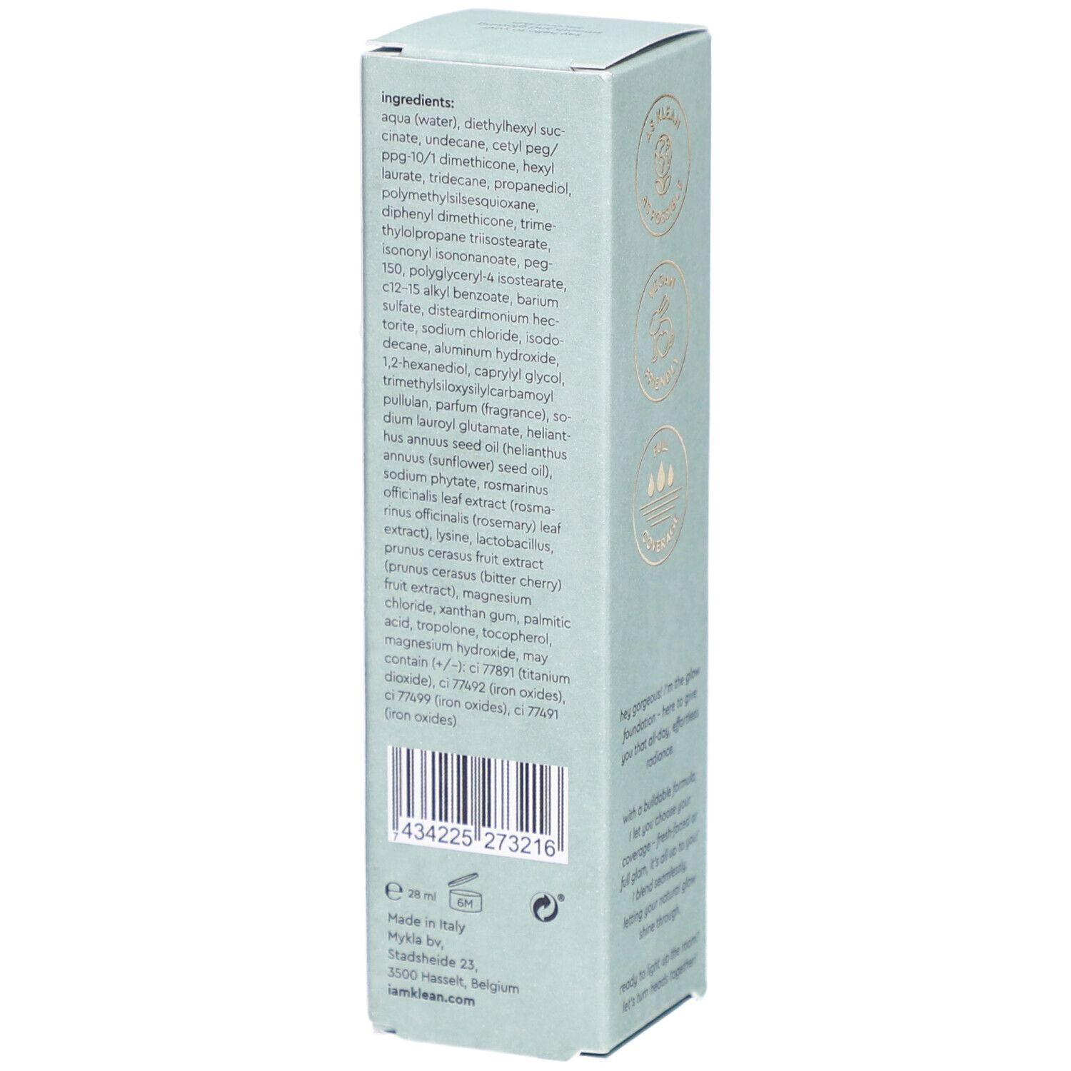 i.am.klean Liquid Glow Foundation Cool 3.0. Emballage vert clair. Ingrédients et code-barres visibles.