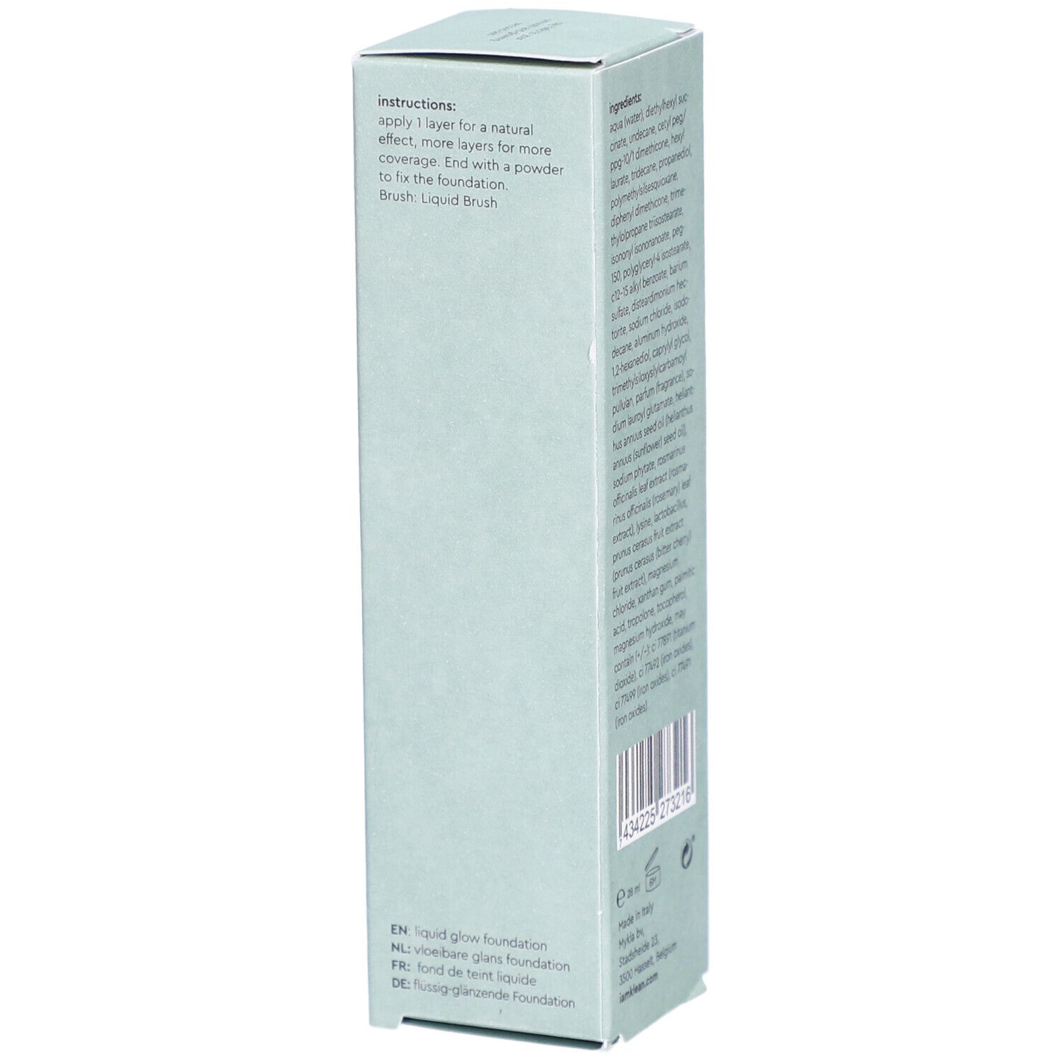 i.am.klean Liquid Glow Foundation Cool 3.0. Emballage vert clair. Instructions et texte multilingue.