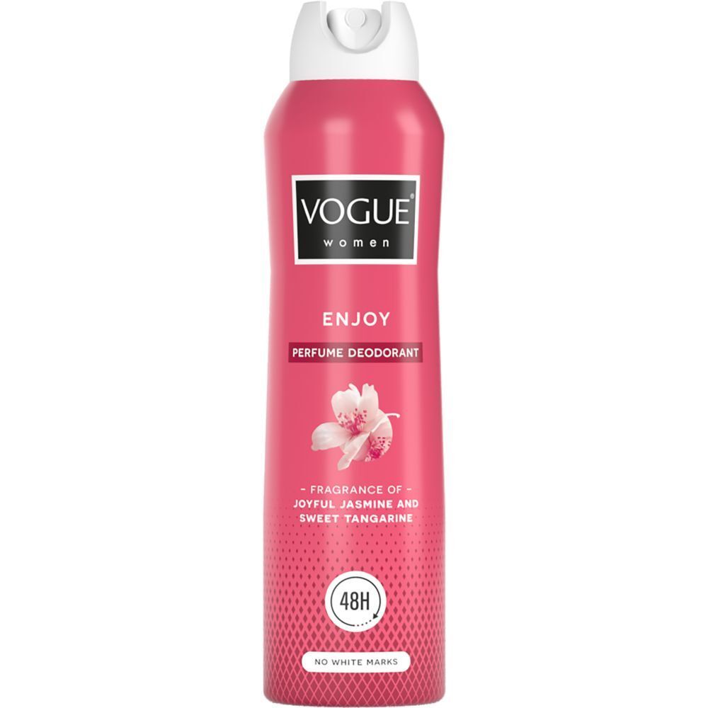 Vogue Enjoy, déodorant spray rose avec tête blanche. Protection 48h. Pas de traces blanches.