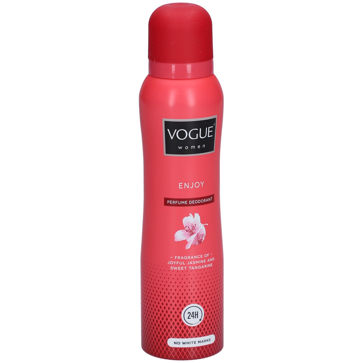 Flacon spray rouge Vogue Enjoy Parfum Déodorant. Parfum jasmin et mandarine. Protection 24h. Pas de traces blanches.