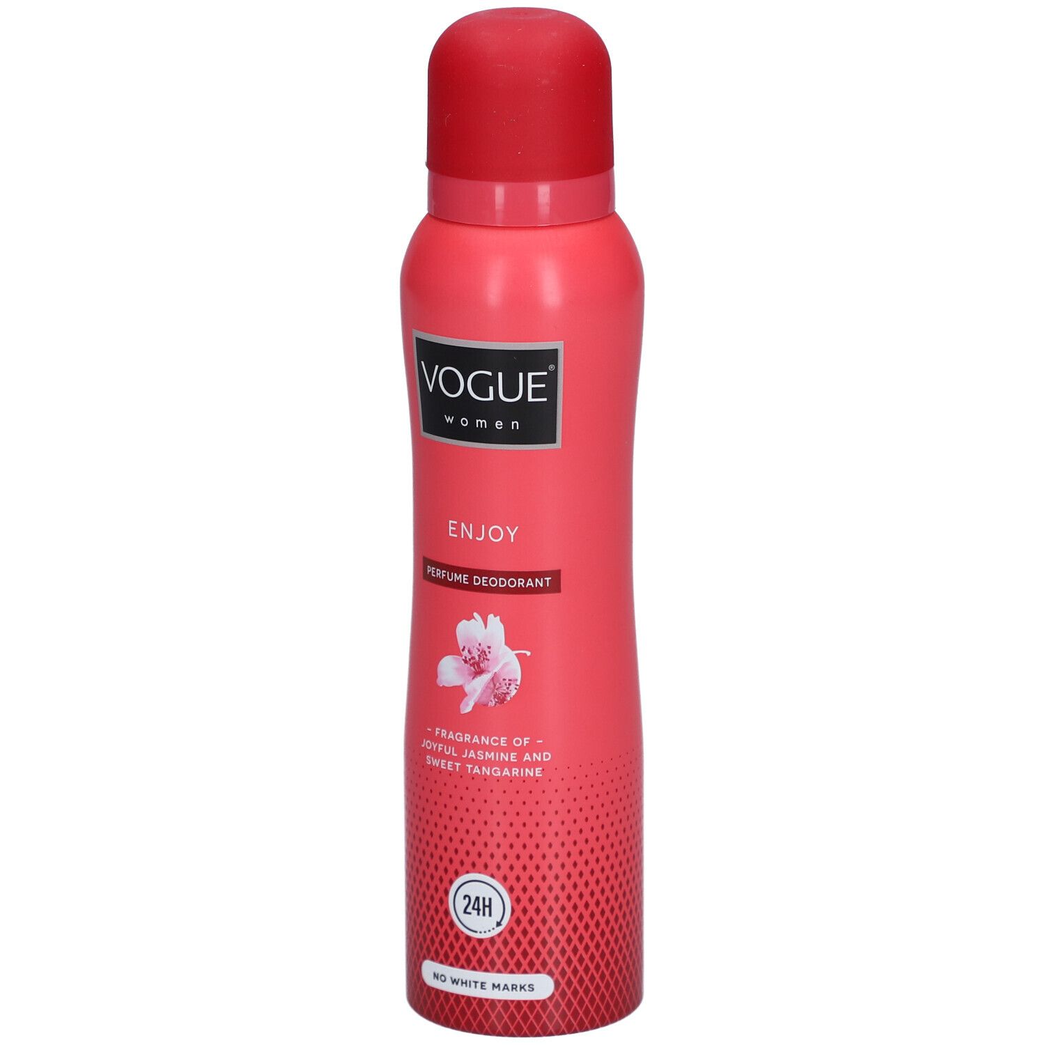 Flacon spray rouge Vogue Enjoy Parfum Déodorant. Parfum jasmin et mandarine. Protection 24h. Pas de traces blanches.
