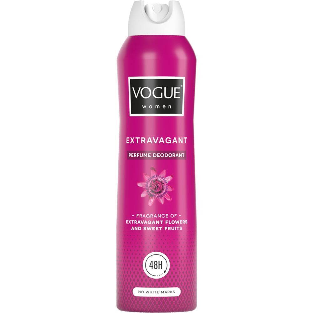 Flacon de déodorant rose avec bouchon rose. Inscription: Vogue Extravagant Parfum Déodorant. Protection 24H.
