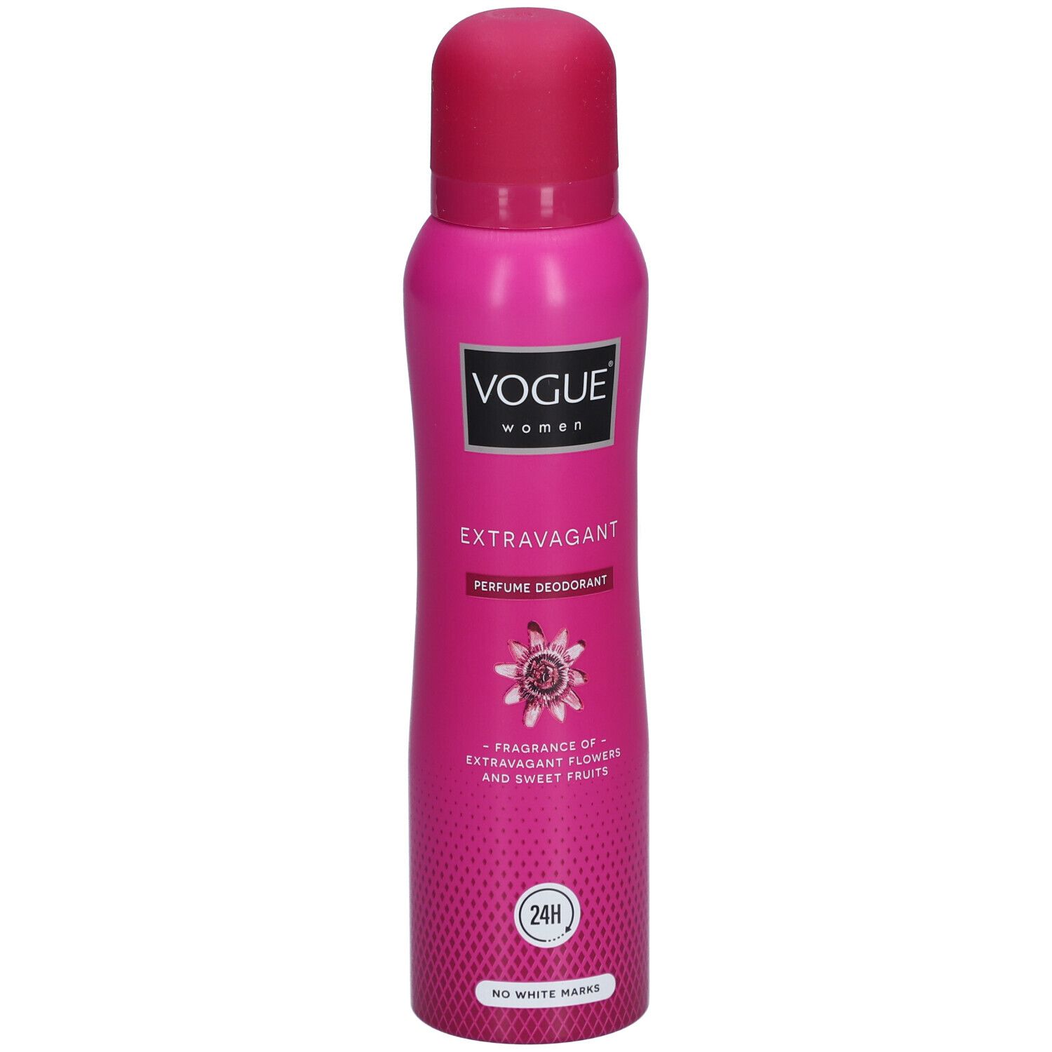 Flacon de déodorant rose avec bouchon rose. Inscription: Vogue Extravagant Parfum Déodorant. Protection 24H.