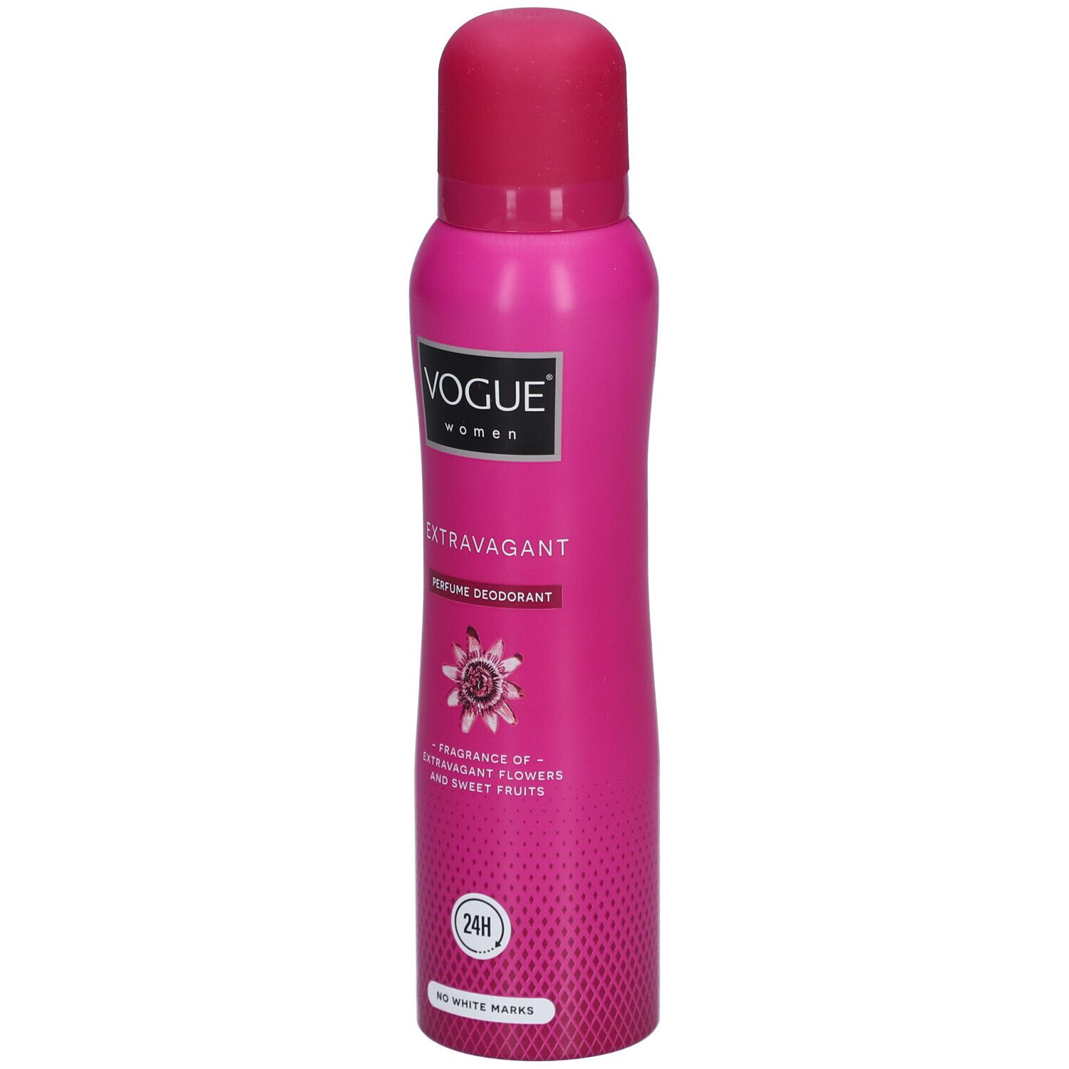Flacon de déodorant rose avec bouchon rose. Inscription: Vogue Extravagant Parfum Déodorant. Protection 24H.