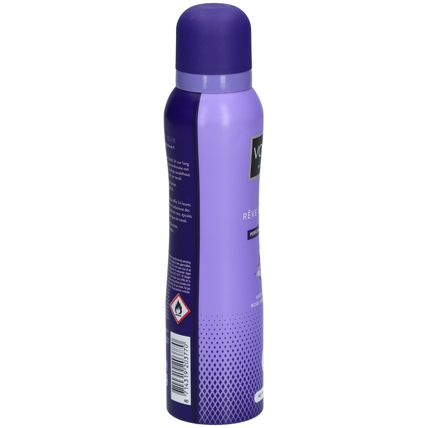 Bombe de déodorant lilas, vue latérale. Inscription: Vogue, Rêve Exotique, Parfum Déodorant. Avertissement: facilement inflammable.