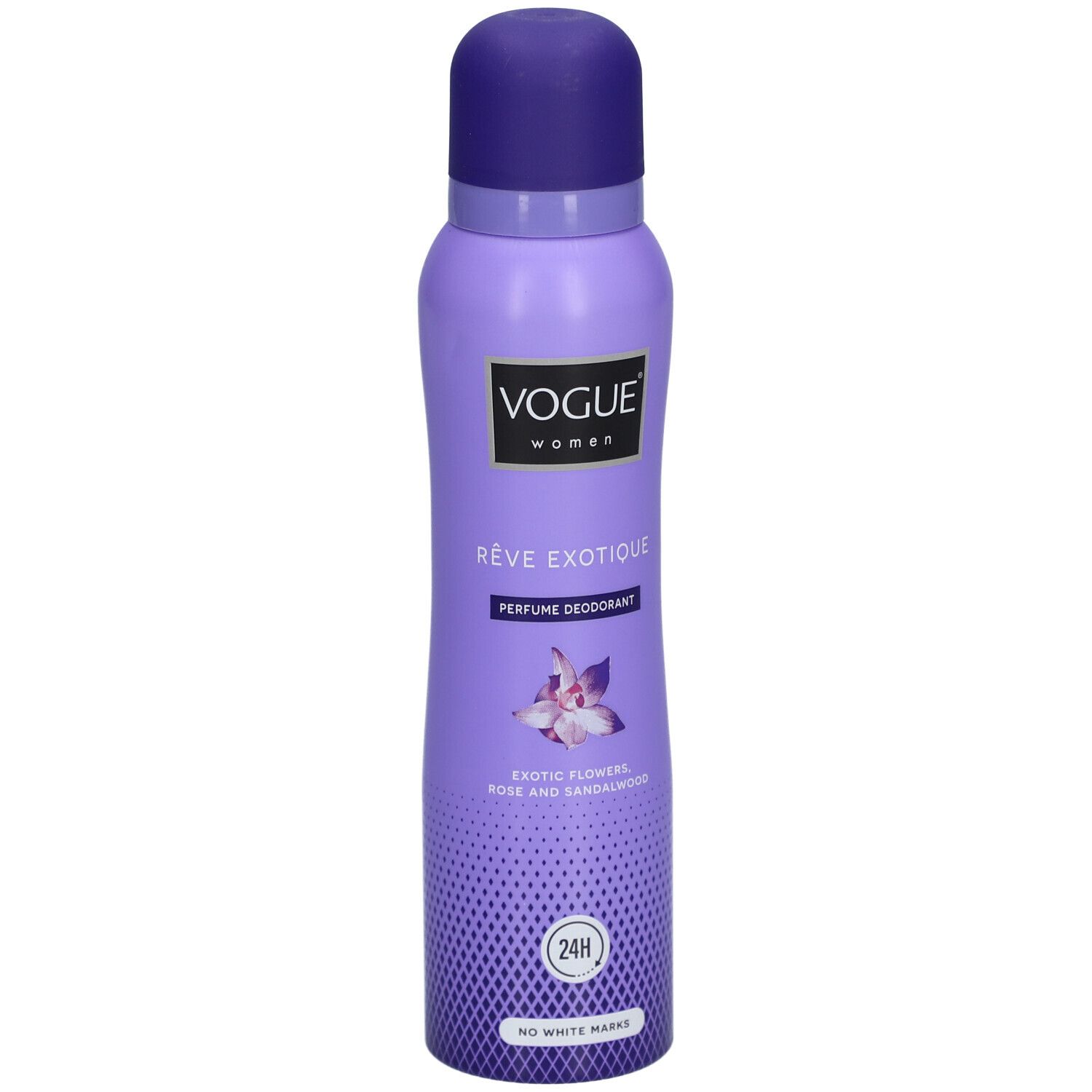 Bombe de déodorant lilas. Inscription: Vogue, Rêve Exotique, Parfum Déodorant. Motif: orchidée. Protection 24H. Pas de traces blanches.