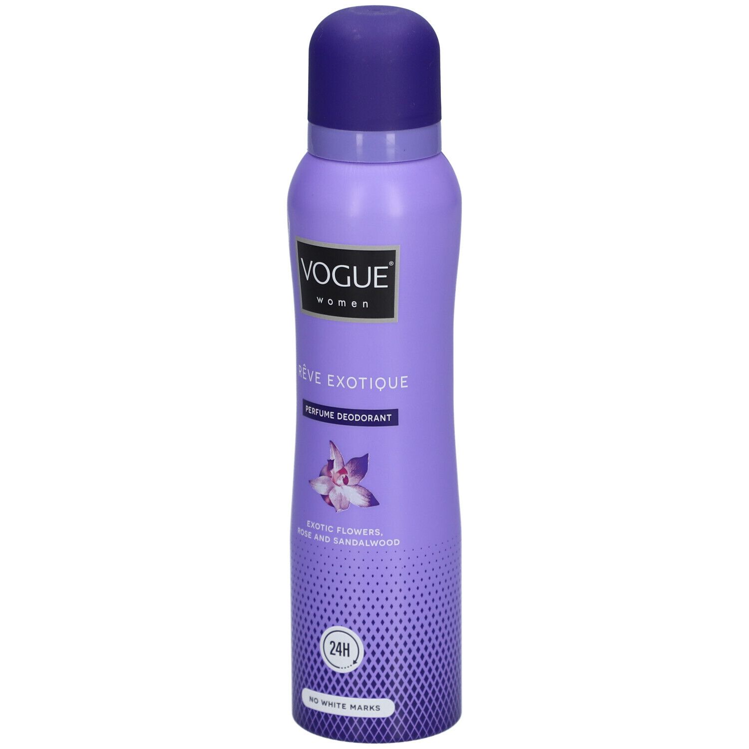 Bombe de déodorant lilas. Inscription: Vogue, Rêve Exotique, Parfum Déodorant. Motif: orchidée. Protection 24H. Pas de traces blanches.