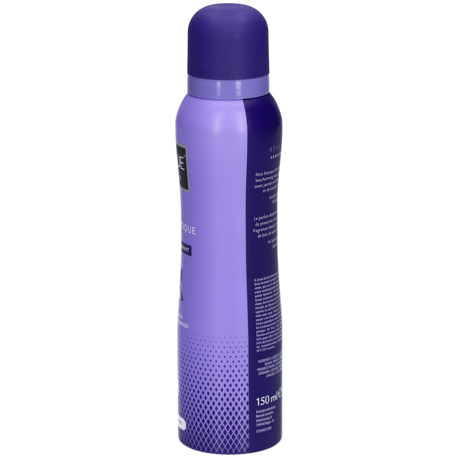 Bombe de déodorant lilas, vue latérale. Inscription: Vogue, Rêve Exotique, Parfum Déodorant. Ingrédients. 150ml.