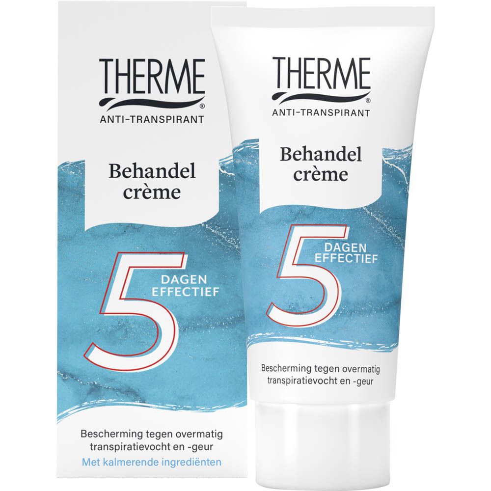Emballage du produit : tube et boîte. Logo THERME, 'Anti-Transpirant', '5 Dagen Effectief'. Texte néerlandais.