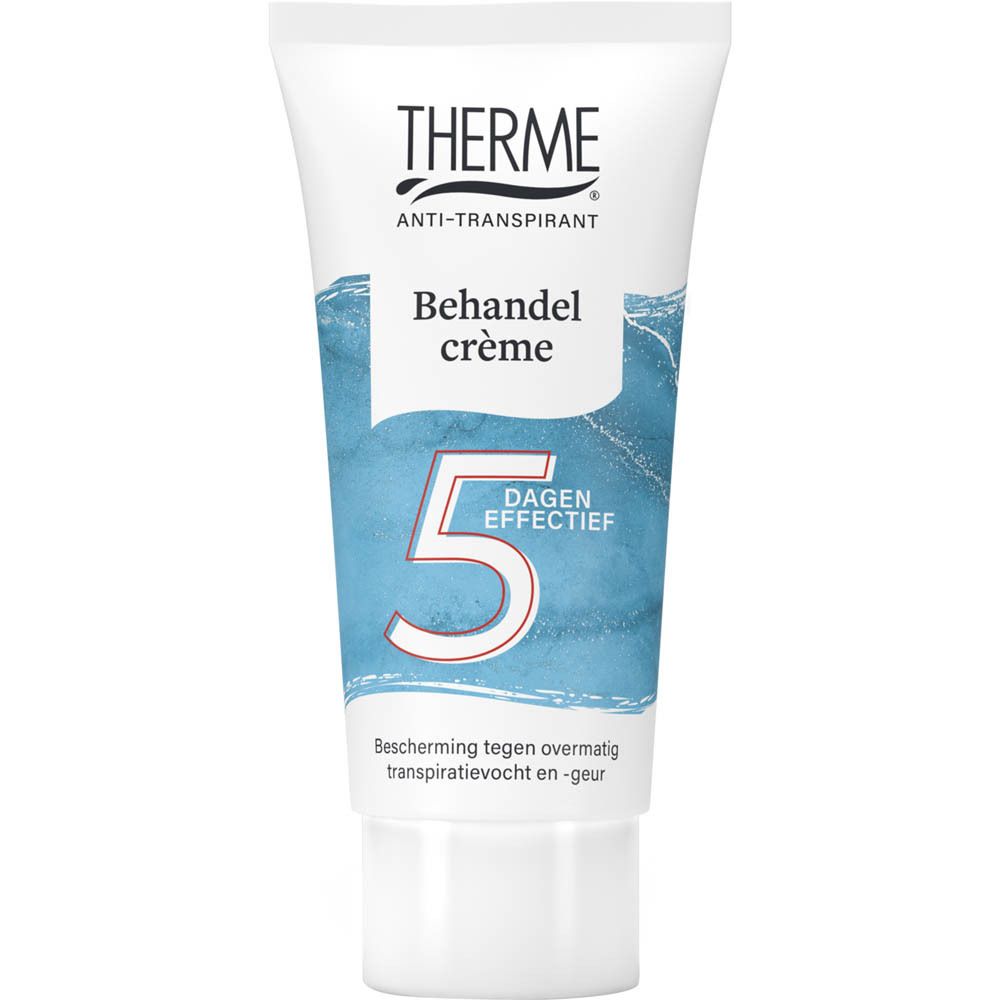 Tube de crème THERME Anti-Transpirant. Vagues bleues et '5 Dagen Effectief'. Bouchon blanc. Texte en néerlandais.