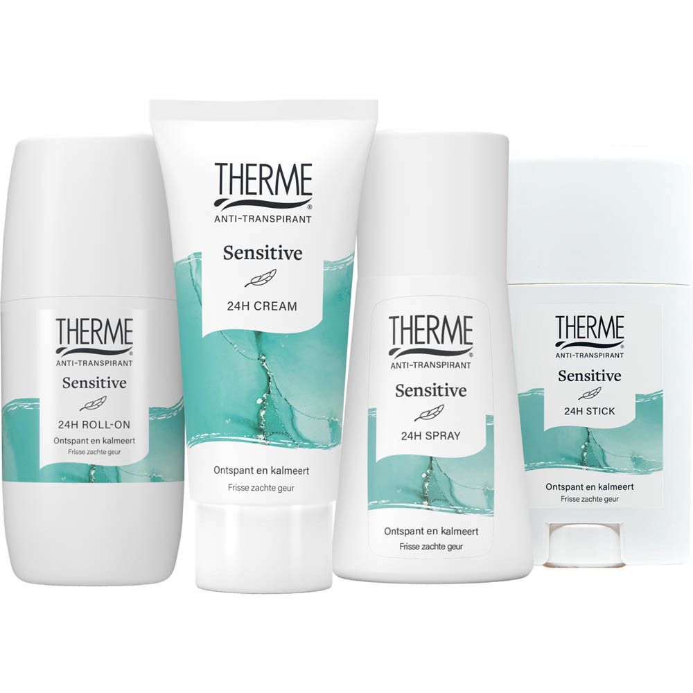 Différents produits THERME sur une surface blanche. Contient un stick anti-transpirant, un roll-on, une crème et un spray.