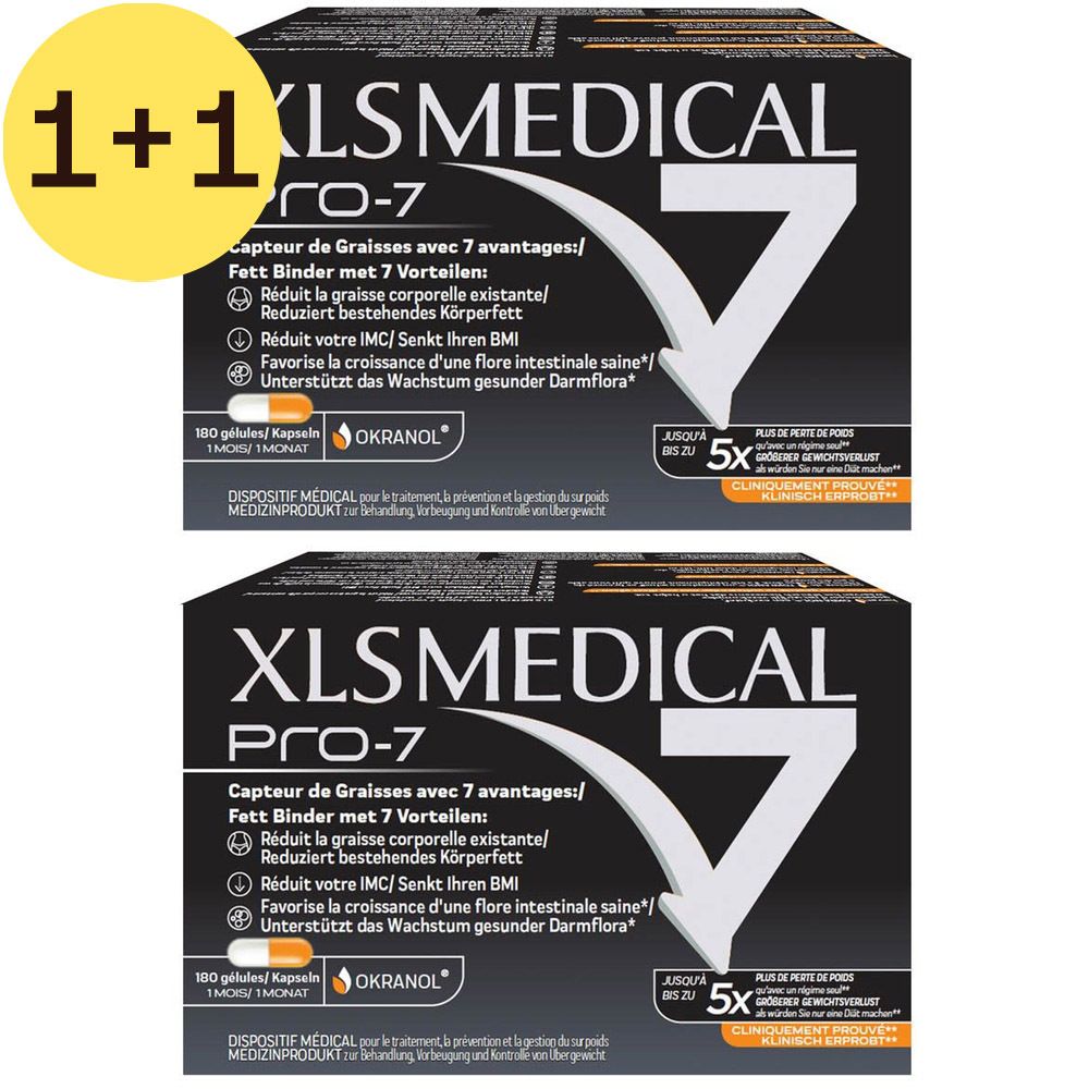Deux boîtes XLS Medical Pro-7 avec autocollant 1+1 GRATUIT. Emballage noir avec texte blanc et flèche orange.