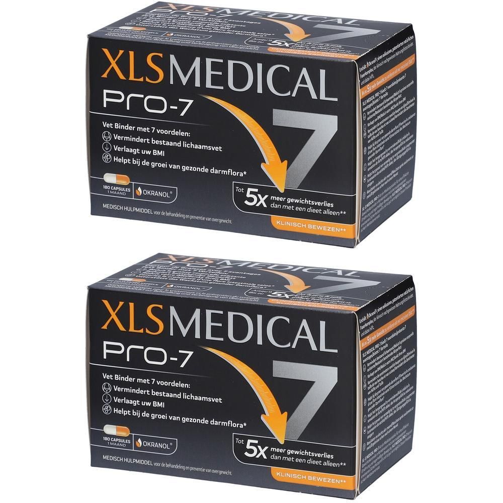 Deux boîtes XLS Medical Pro-7. Emballage noir avec texte blanc et flèche orange. Contient 7 avantages.