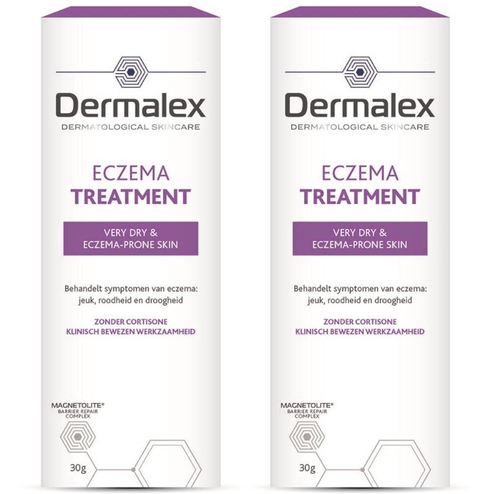 Deux tubes de traitement de l'eczéma Dermalex. Blanc, avec des accents violets. Texte : Traitement de l'eczéma, peau très sèche et sujette à l'eczéma.