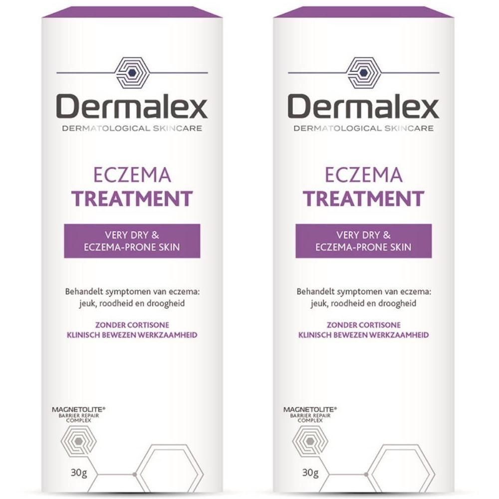 Deux tubes de traitement de l'eczéma Dermalex. Blanc, avec des accents violets. Texte : Traitement de l'eczéma, peau très sèche et sujette à l'eczéma.