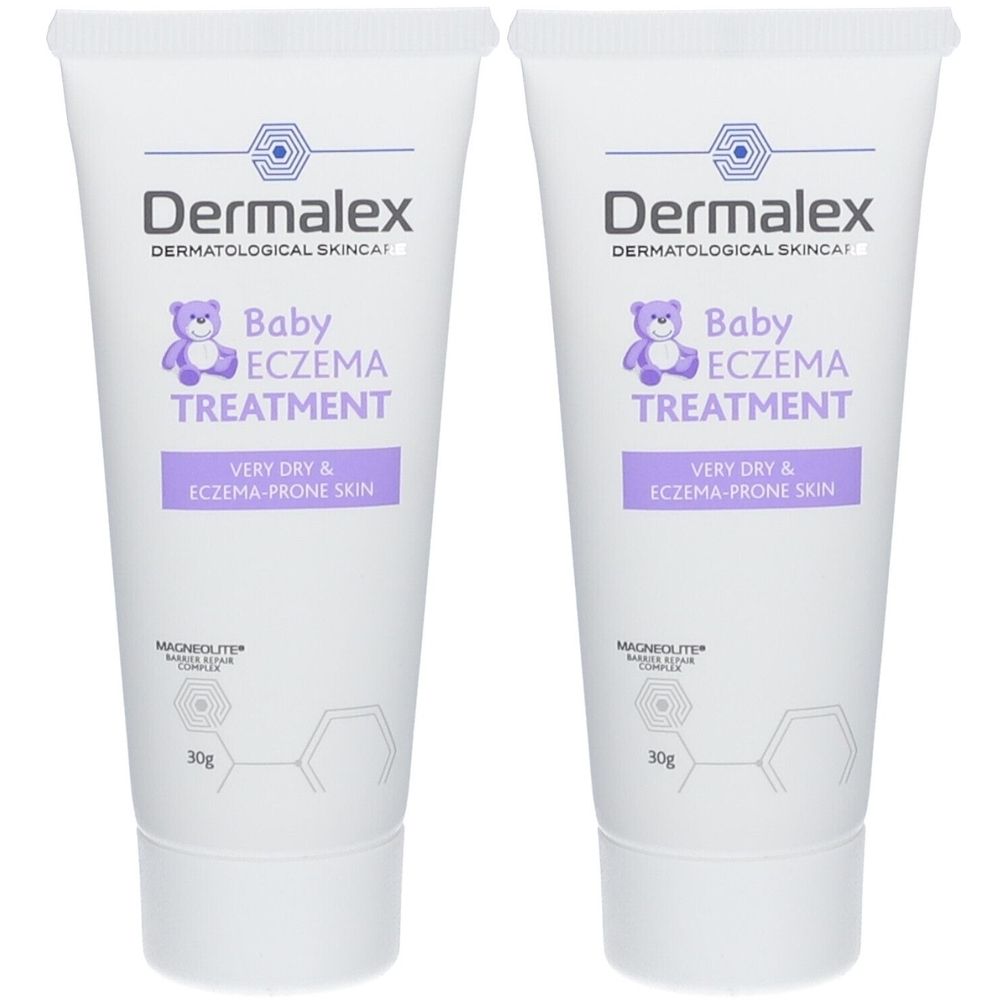 Deux tubes de Dermalex Baby Eczema Treatment. Tubes blancs avec texte et logo violets. 30g.