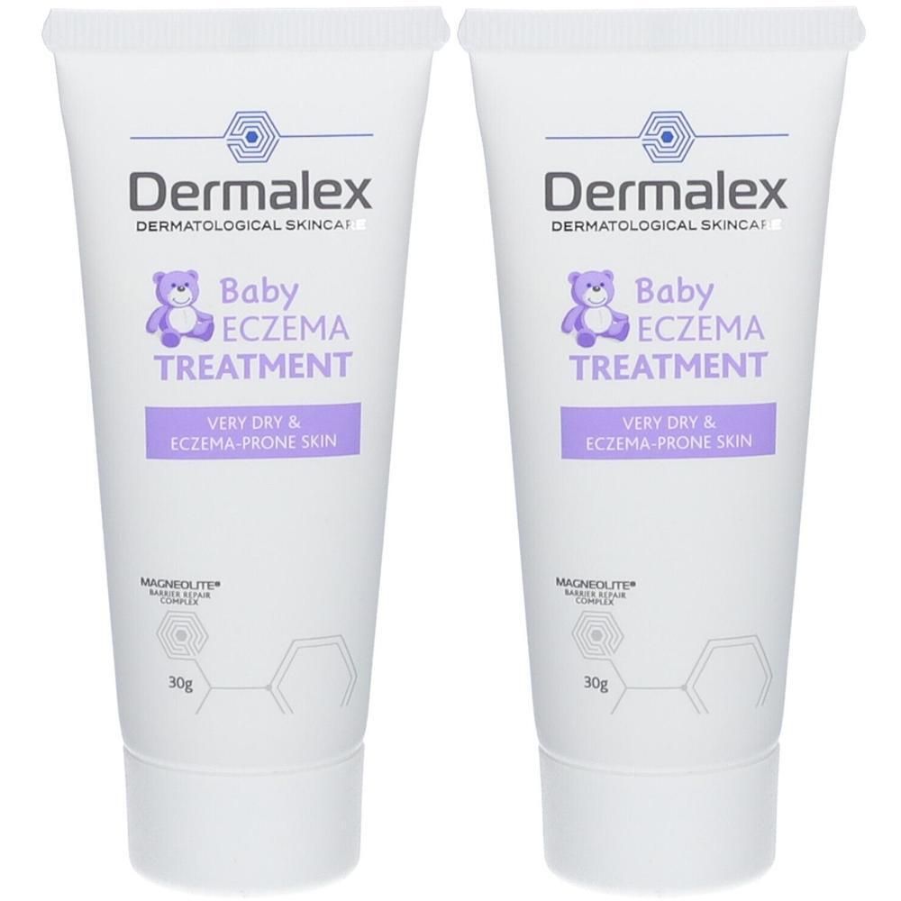 Deux tubes de Dermalex Baby Eczema Treatment. Tubes blancs avec texte et logo violets. 30g.