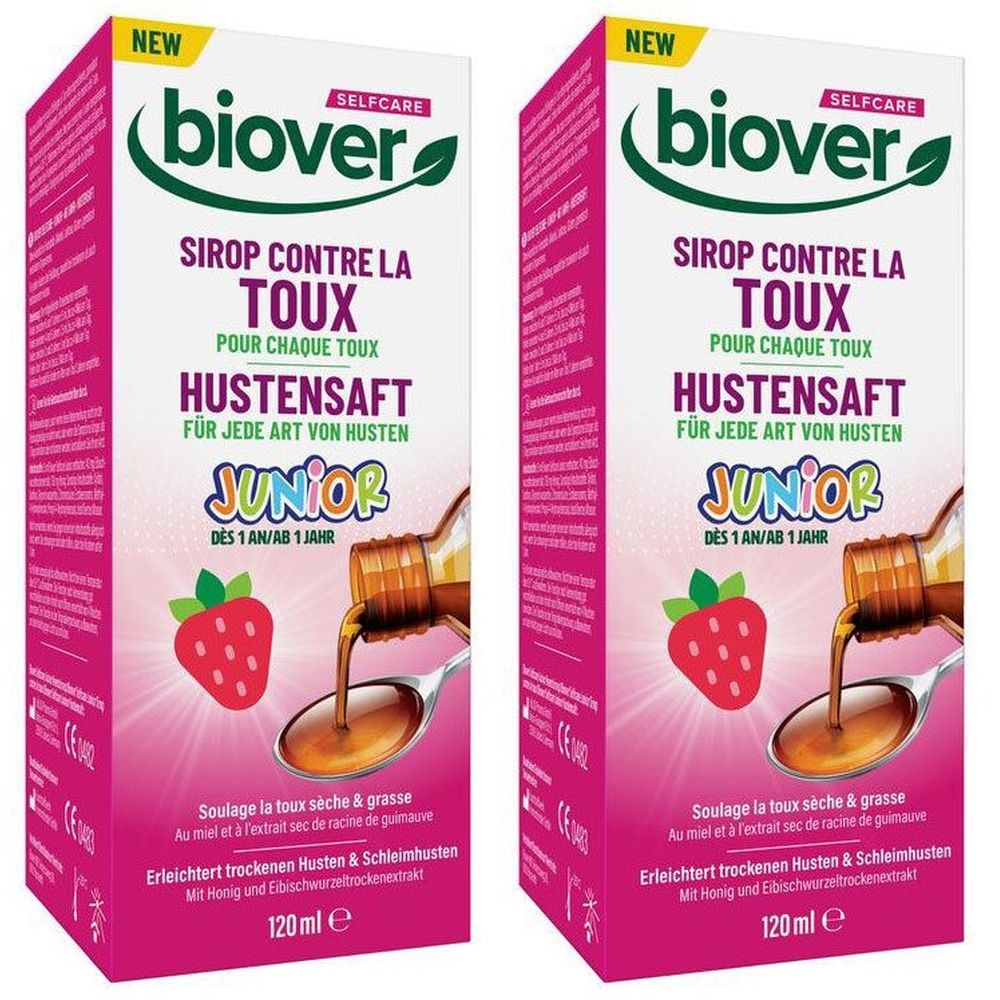Deux boîtes de sirop contre la toux. Inscription: Biover, Sirop Contre la Toux, Hustensaft Junior. Illustration de fraise. Flacon et cuillère.