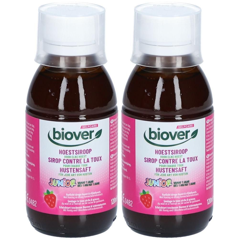 Deux flacons de sirop contre la toux. Inscription: Biover, Sirop Contre la Toux, Hoestsiroop, Hustensaft Junior. Illustration de fraise.