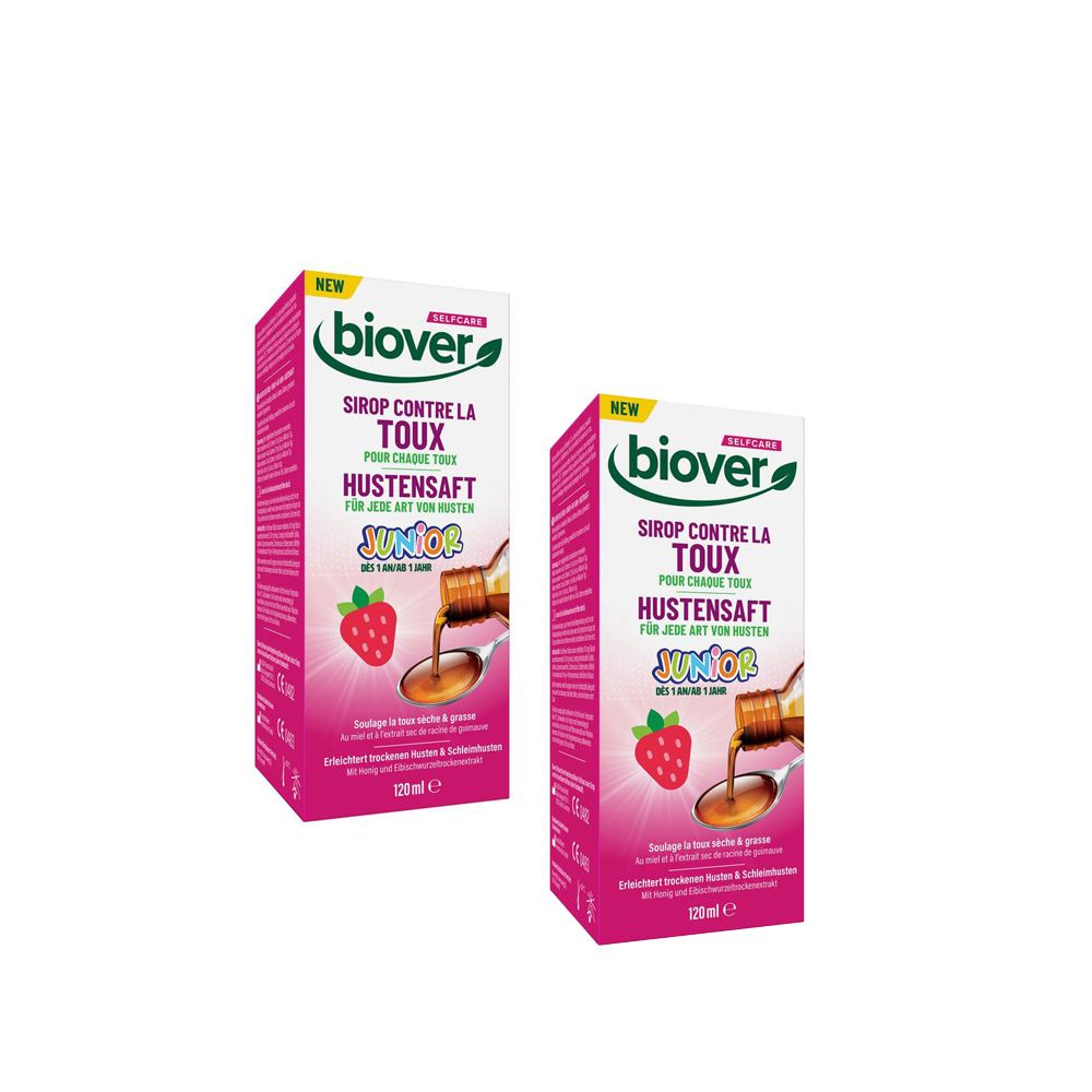 Deux boîtes de sirop contre la toux. Inscription: Biover, Sirop Contre la Toux, Hustensaft Junior. Illustration de fraise. Flacon et cuillère.