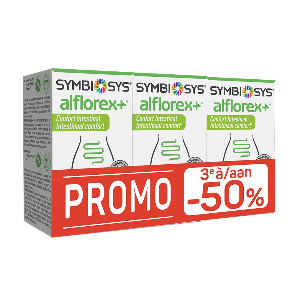 Pack de trois boîtes SYMBIOSYS alflorex+. Promo 3+1 gratuit, -50%. Illustration de l'intestin.