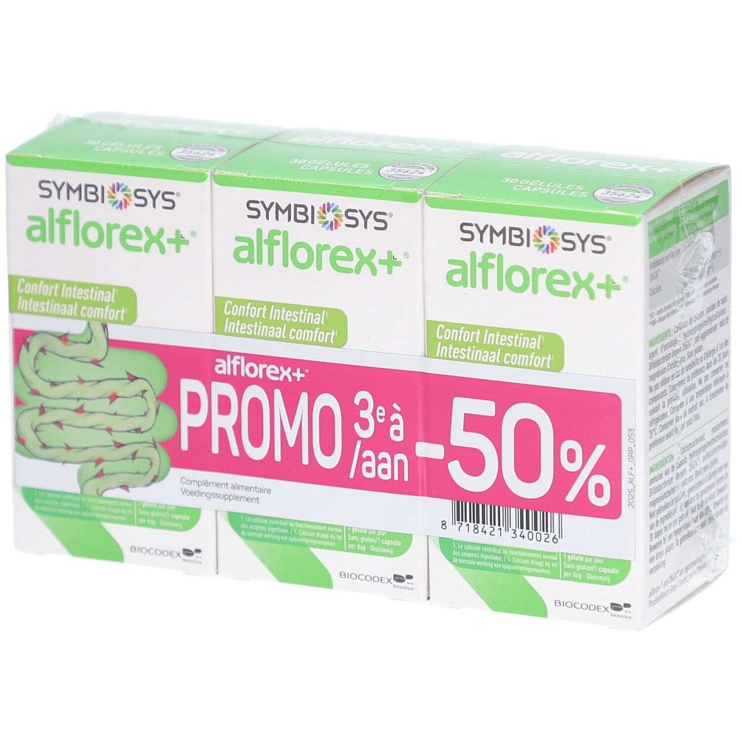 Pack de trois boîtes SYMBIOSYS alflorex+. Promo 3+1 gratuit, -50%. Représentation de l'intestin.