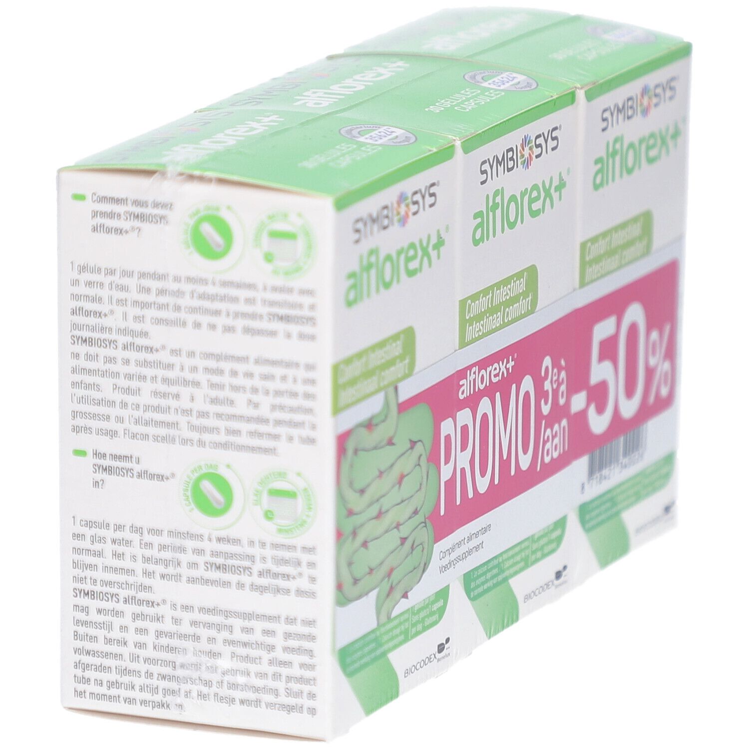 Trois boîtes SYMBIOSYS alflorex+ dans un pack. Promo 3+1 gratuit, -50%. Texte et illustration de l'intestin.