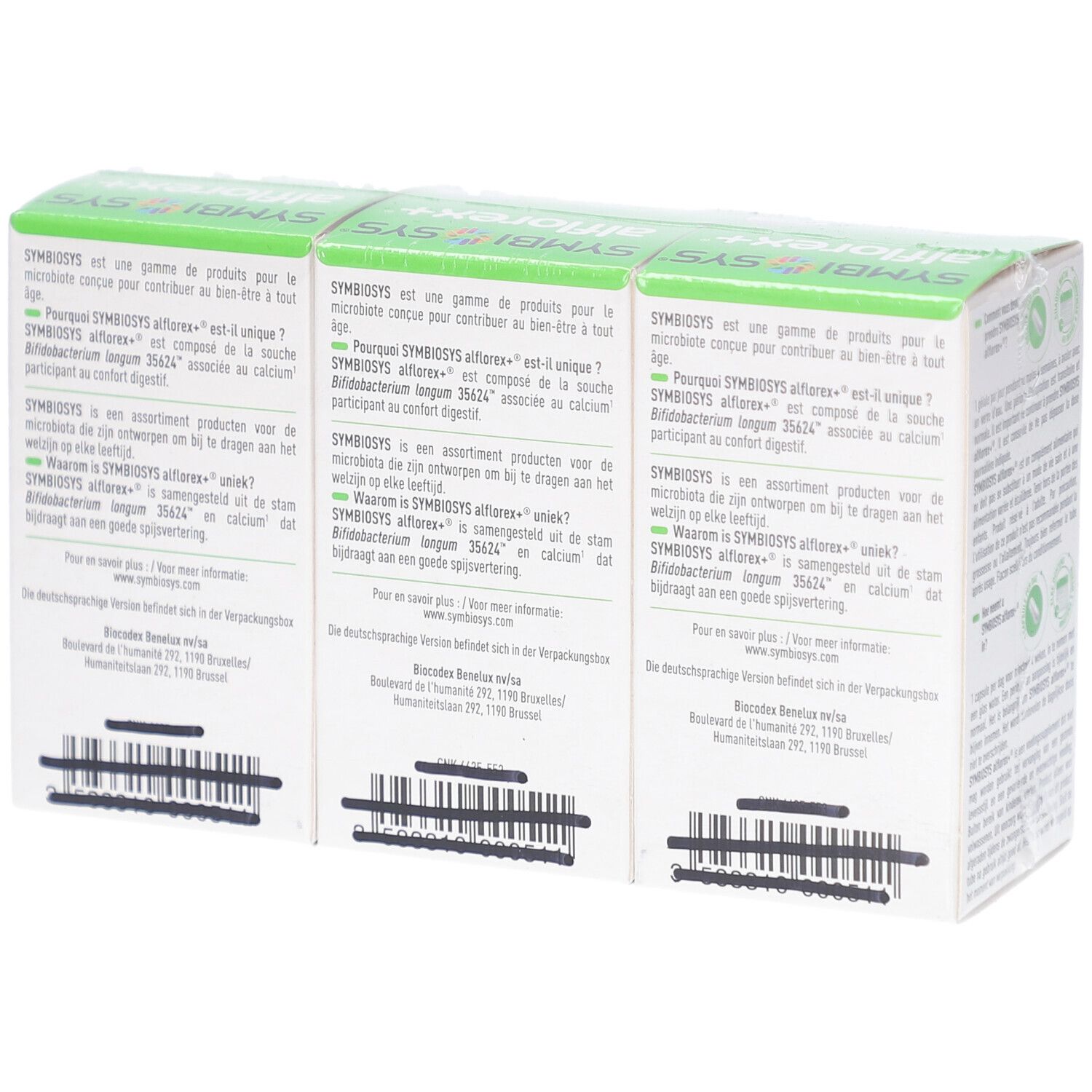 Dos du pack de trois boîtes SYMBIOSYS alflorex+. Texte multilingue et codes-barres.