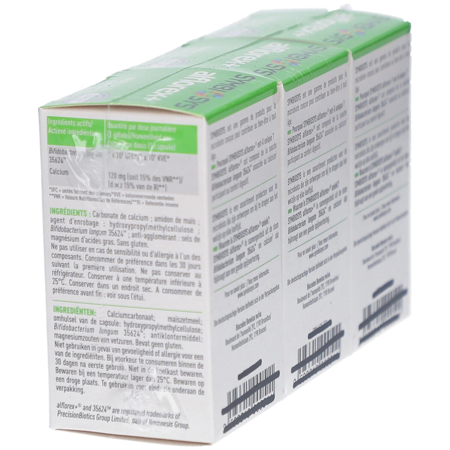 Dos du pack de trois boîtes SYMBIOSYS alflorex+. Liste des ingrédients et informations.